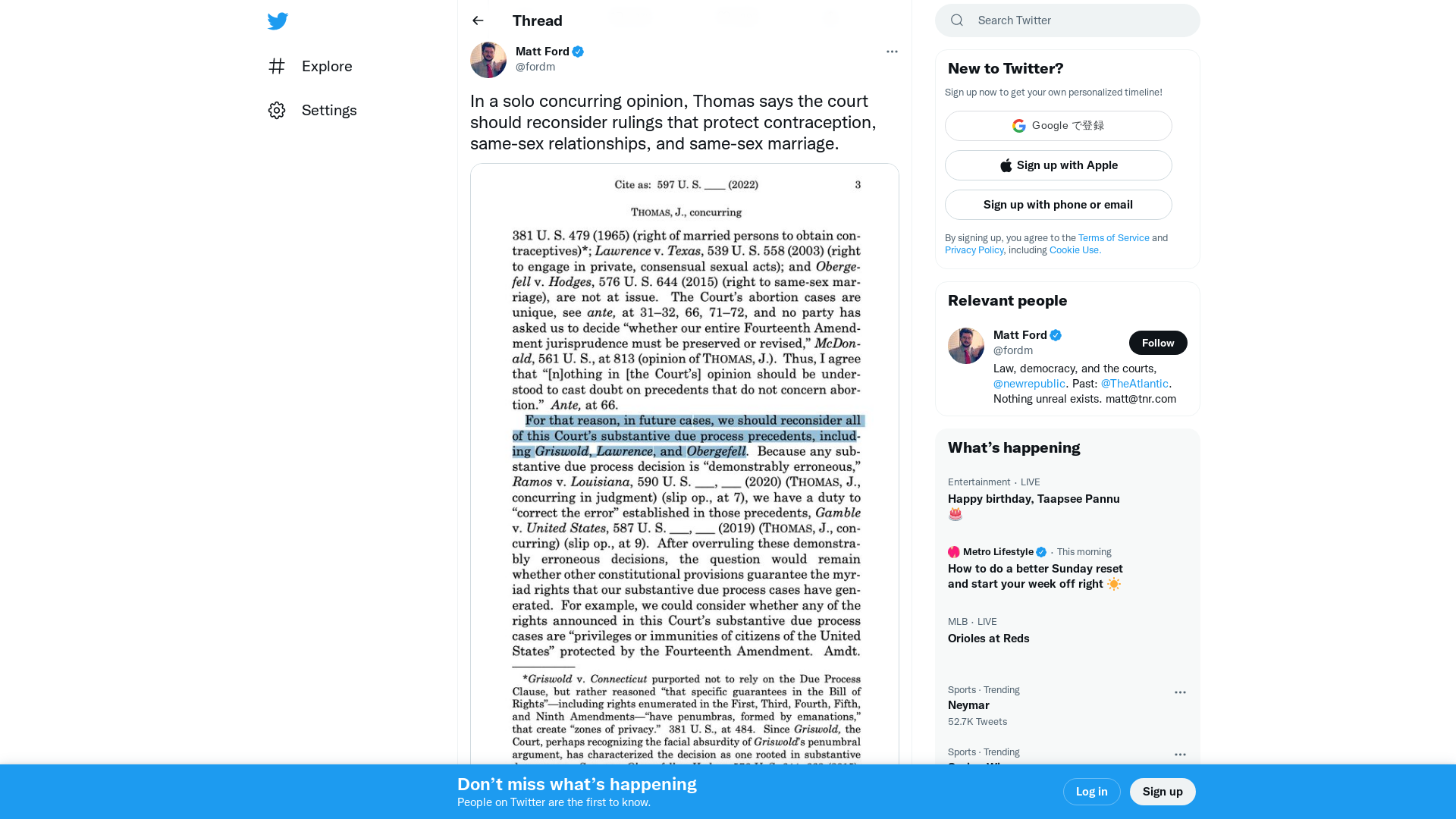 Matt Ford on Twitter: "In a solo concurring opinion, Thomas says the court should reconsider rulings that protect contraception, same-sex relationships, and same-sex marriage. https://t.co/zcQNko6NVR" / Twitter