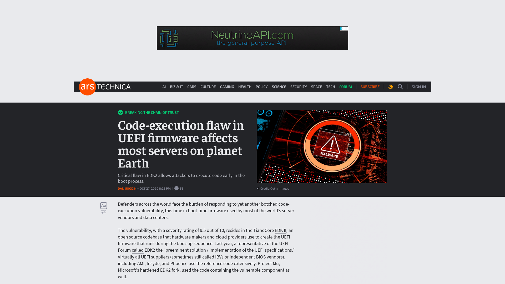 Code-execution flaw in UEFI firmware affects most servers on planet Earth - Ars Technica