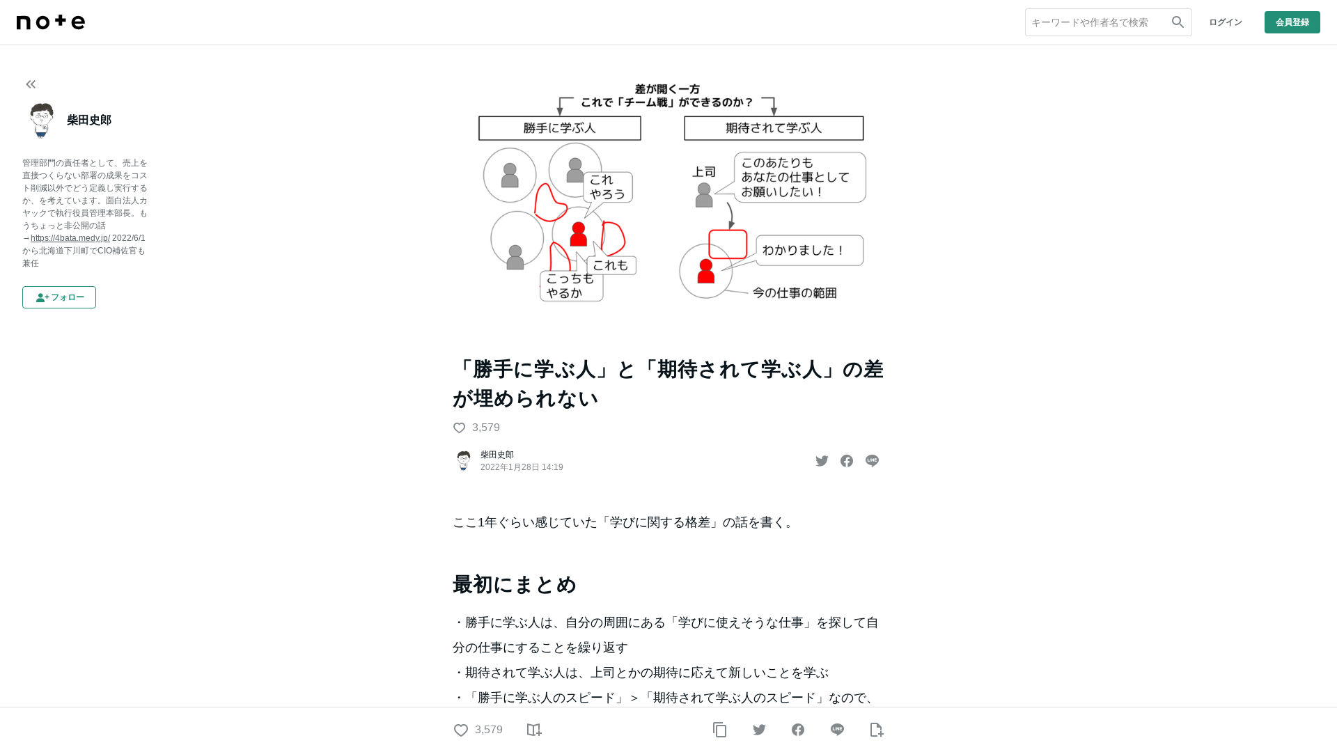 「勝手に学ぶ人」と「期待されて学ぶ人」の差が埋められない｜柴田史郎｜note