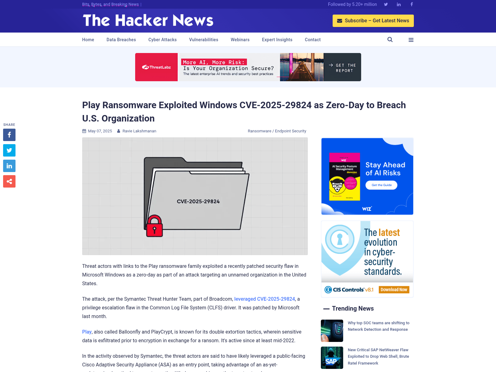 Play Ransomware Exploited Windows CVE-2025-29824 as Zero-Day to Breach U.S. Organization