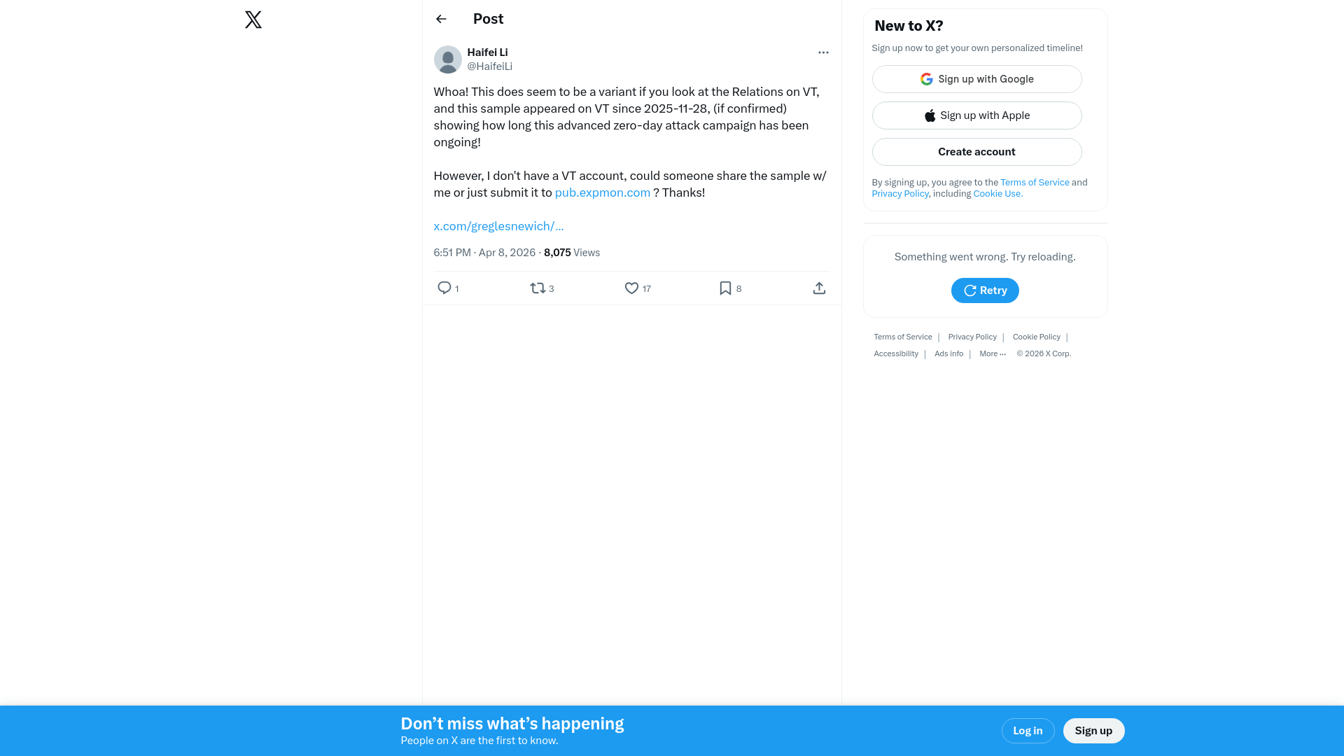 Haifei Li on X: "Whoa! This does seem to be a variant if you look at the Relations on VT, and this sample appeared on VT since 2025-11-28, (if confirmed) showing how long this advanced zero-day attack campaign has been ongoing! However, I don't have a VT account, could someone share the sample" / X