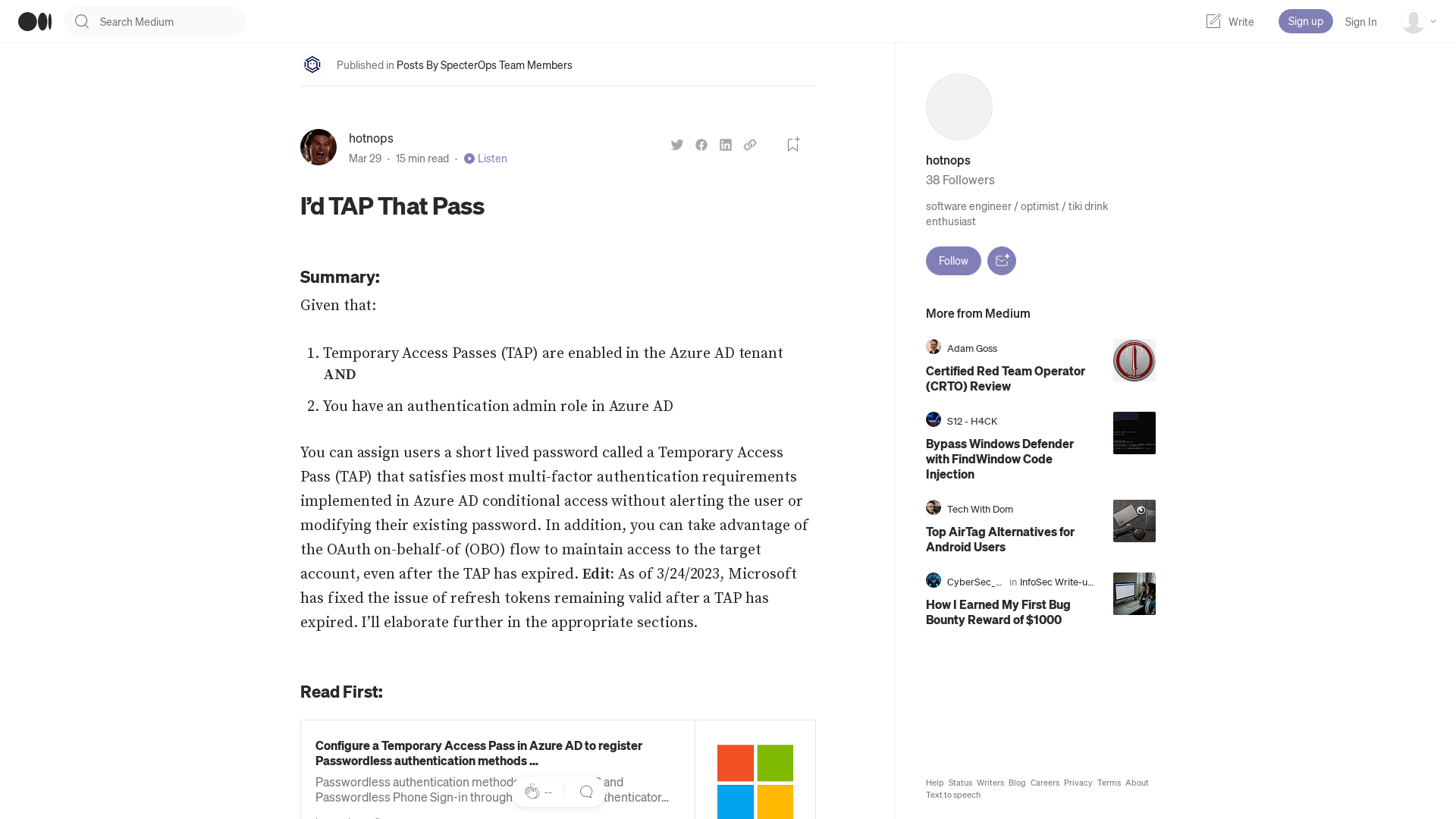 I’d TAP That Pass. A better way to attack Azure AD with… | by hotnops | Mar, 2023 | Posts By SpecterOps Team Members