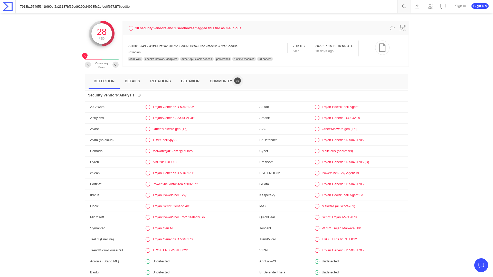 VirusTotal - File - 7913b157495341f990bf2a23187bf36ed9260cf49635c2efee0f6772f76bed8e