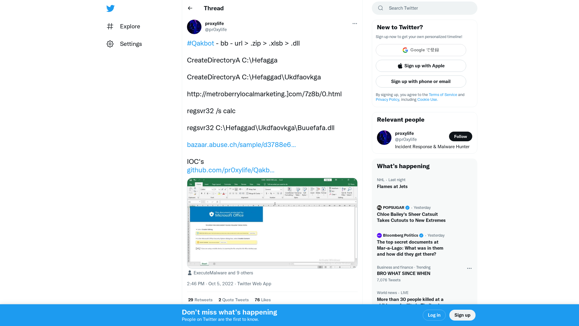 proxylife on Twitter: "#Qakbot - bb - url &gt; .zip &gt; .xlsb &gt; .dll CreateDirectoryA C:\Hefagga CreateDirectoryA C:\Hefaggad\Ukdfaovkga http://metroberrylocalmarketing.]com/7z8b/0.html regsvr32 /s calc regsvr32 C:\Hefaggad\Ukdfaovkga\Buuefafa.dll https://t.co/71BnaO7mlA IOC's https://t.co/ee8ckAGBk0 https://t.co/f7xvRTQgfD" / Twitter