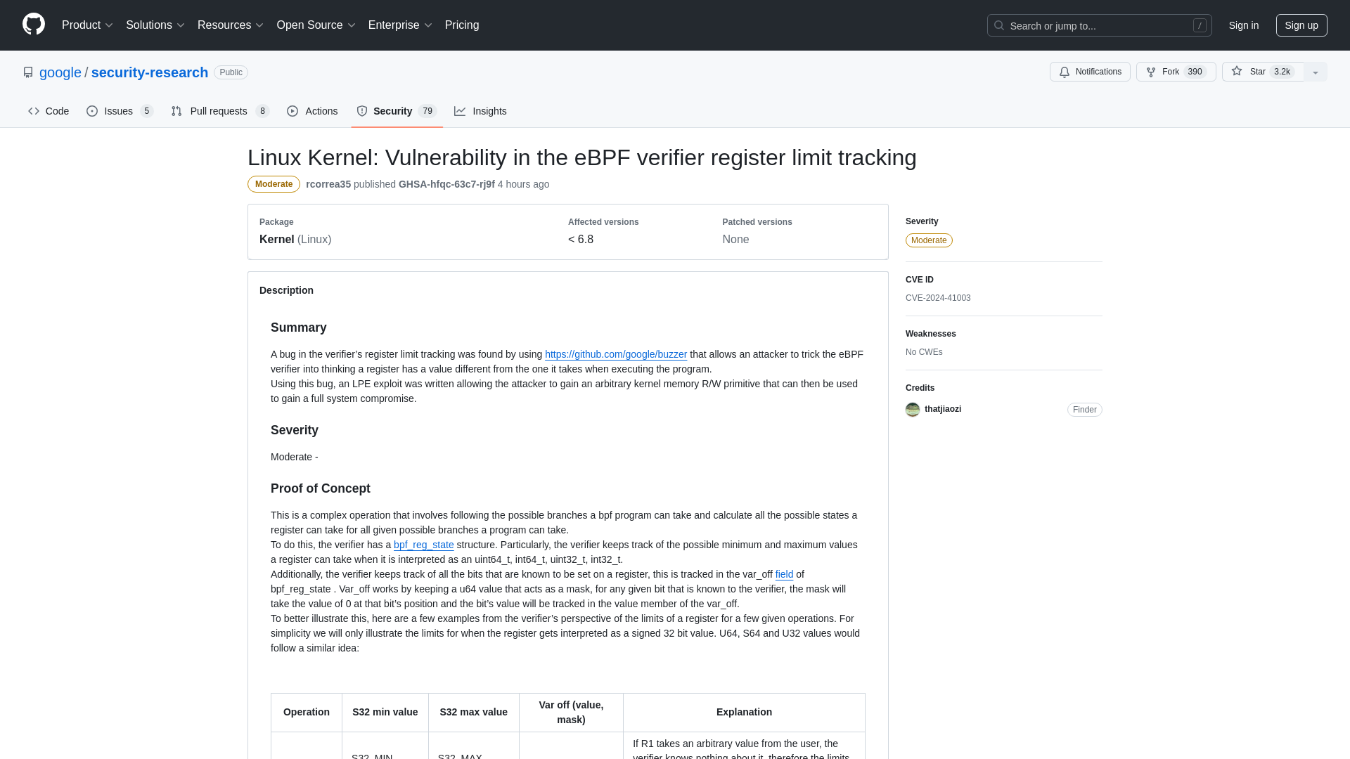 Linux Kernel: Vulnerability in the eBPF verifier register limit tracking · Advisory · google/security-research · GitHub