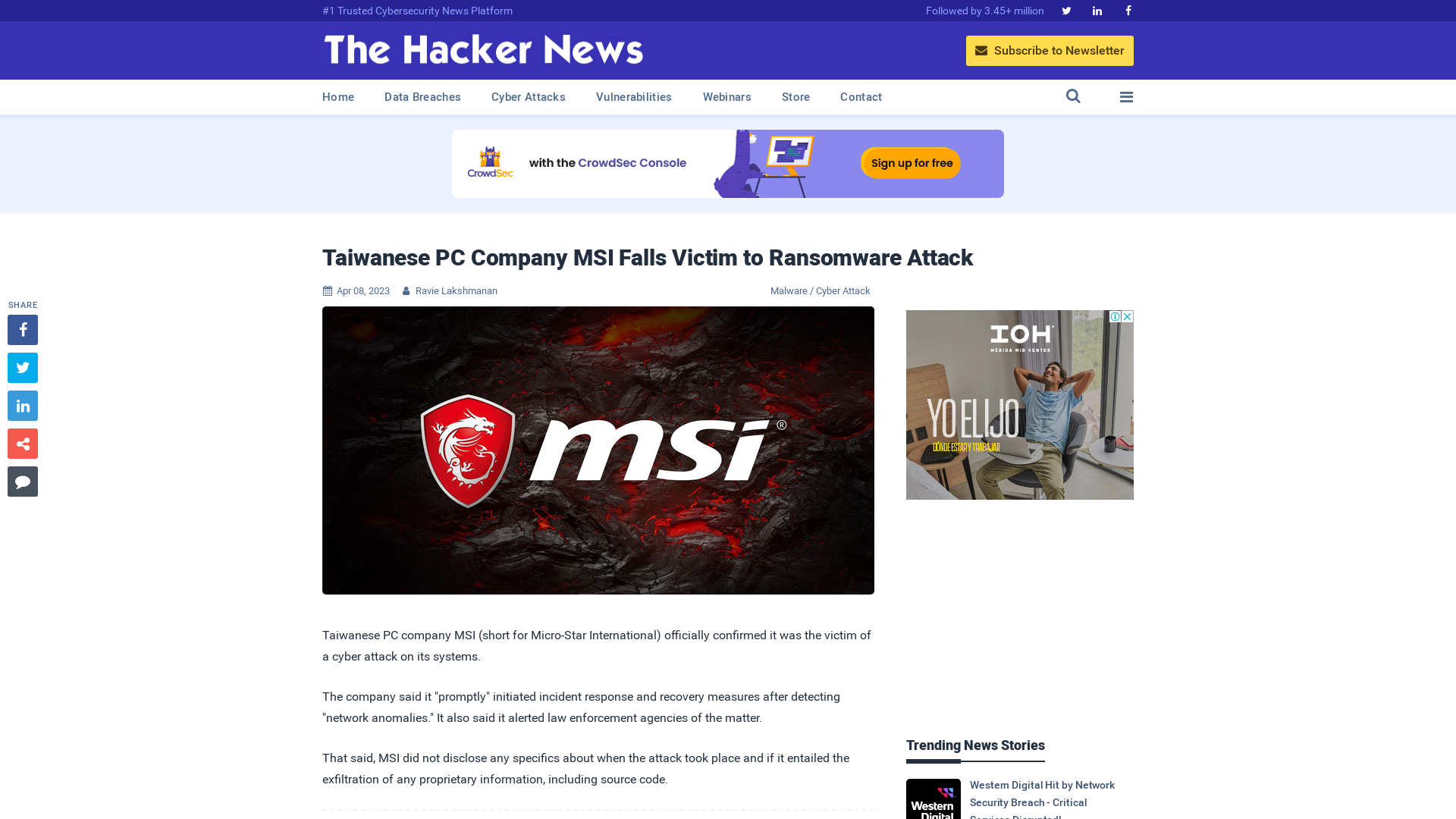 Taiwanese PC Company MSI Falls Victim to Ransomware Attack