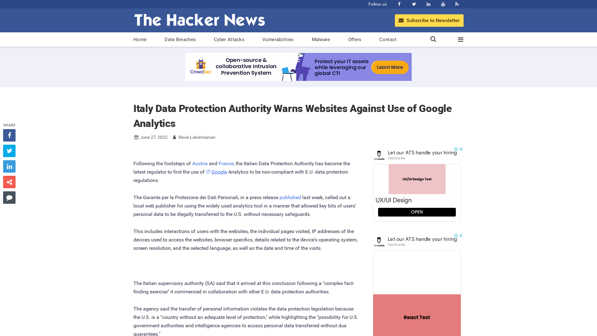 Italy Data Protection Authority Warns Websites Against Use of Google Analytics
