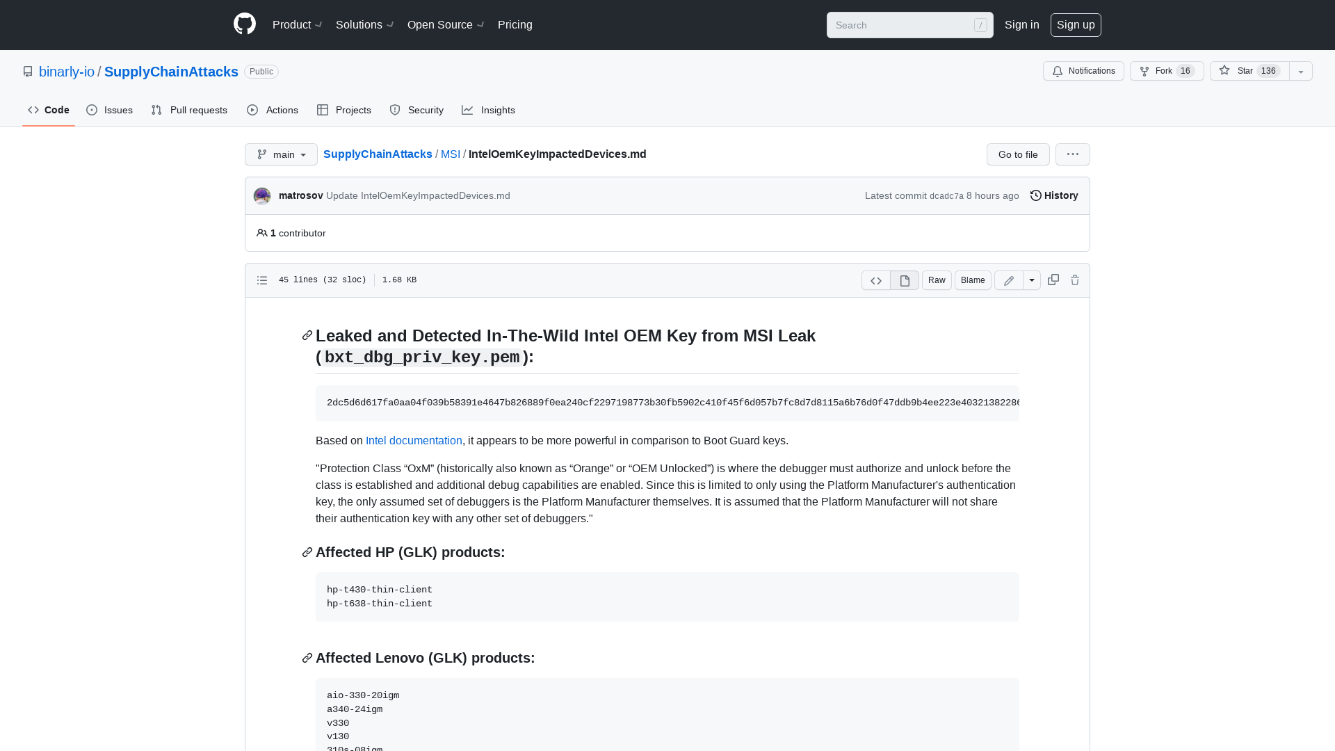 SupplyChainAttacks/IntelOemKeyImpactedDevices.md at main · binarly-io/SupplyChainAttacks · GitHub