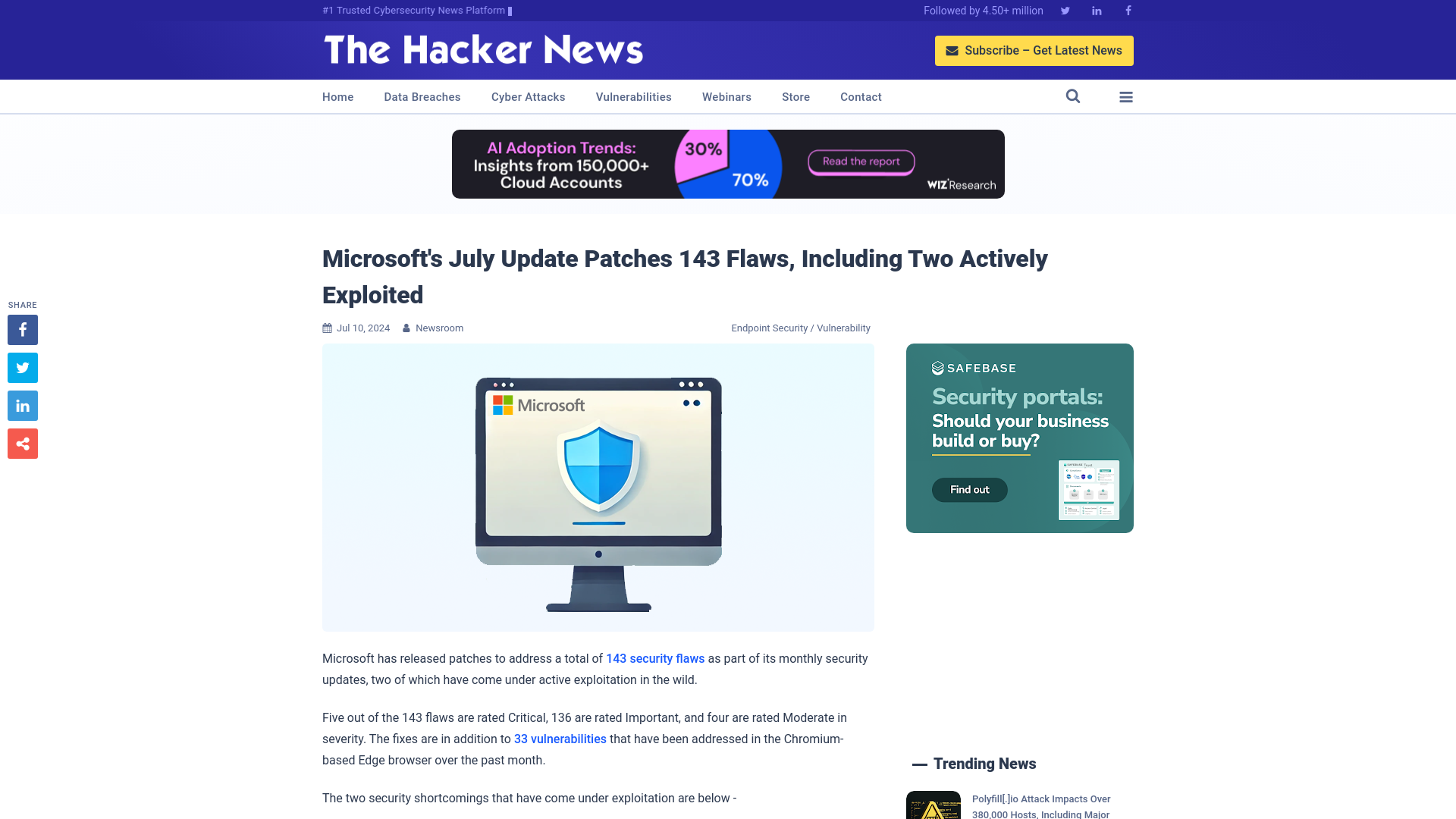 Microsoft's July Update Patches 143 Flaws, Including Two Actively Exploited