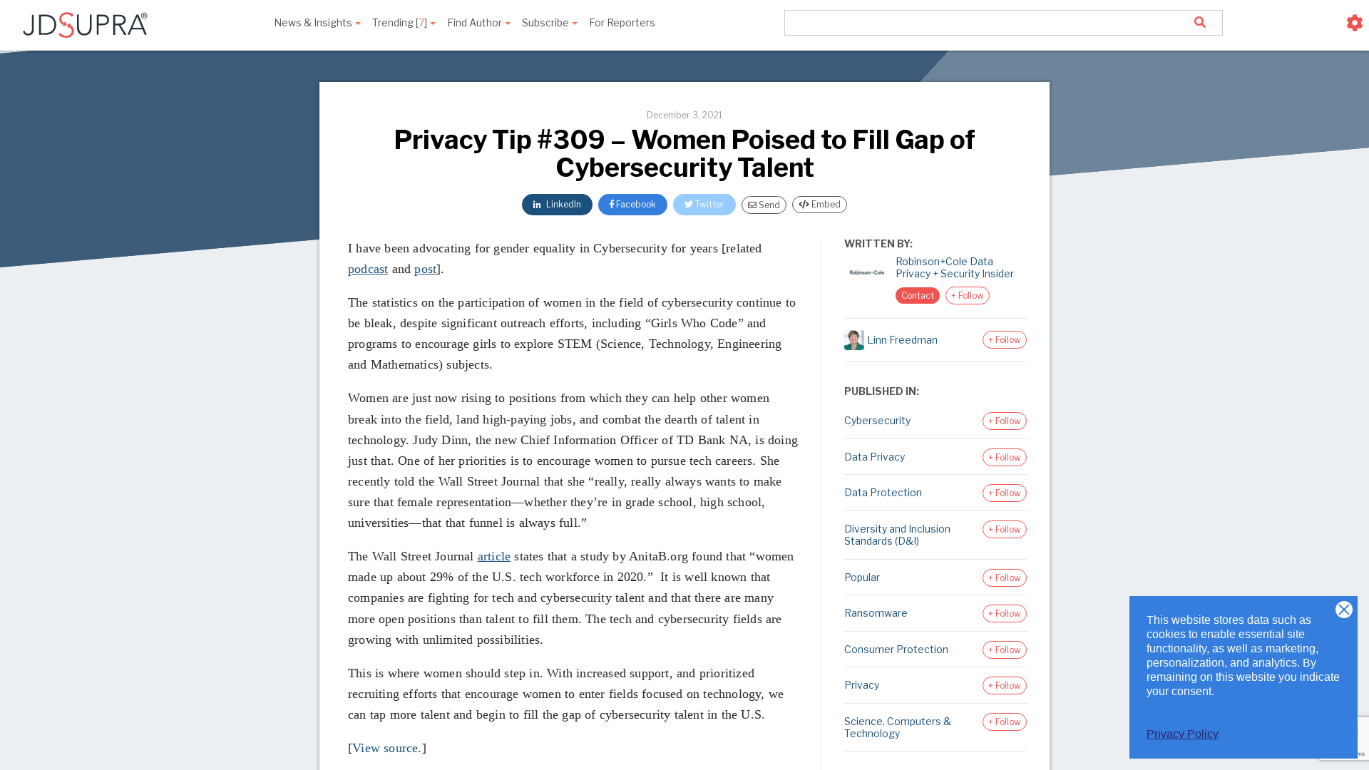 Privacy Tip #309 – Women Poised to Fill Gap of Cybersecurity Talent | Robinson+Cole Data Privacy + Security Insider - JDSupra