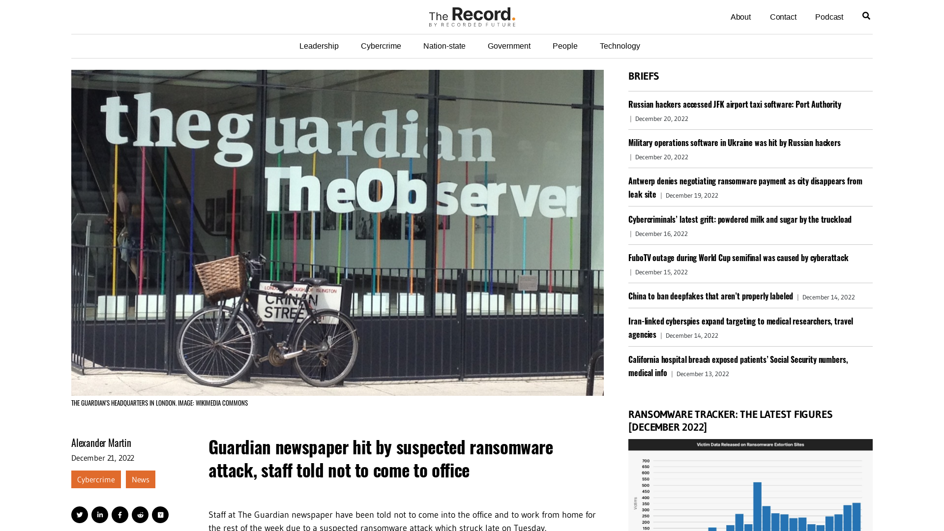 Guardian newspaper hit by suspected ransomware attack, staff told not to come to office - The Record by Recorded Future