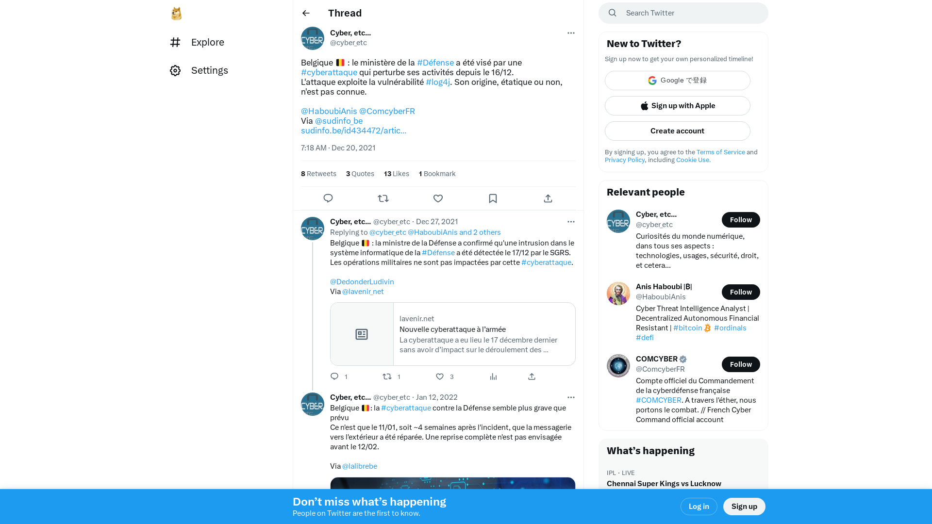 Cyber, etc... on Twitter: "Belgique 🇧🇪 : le ministère de la #Défense a été visé par une #cyberattaque qui perturbe ses activités depuis le 16/12. L'attaque exploite la vulnérabilité #log4j. Son origine, étatique ou non, n'est pas connue. @HaboubiAnis @ComcyberFR Via @sudinfo_be https://t.co/inO1kazR9Q" / Twitter