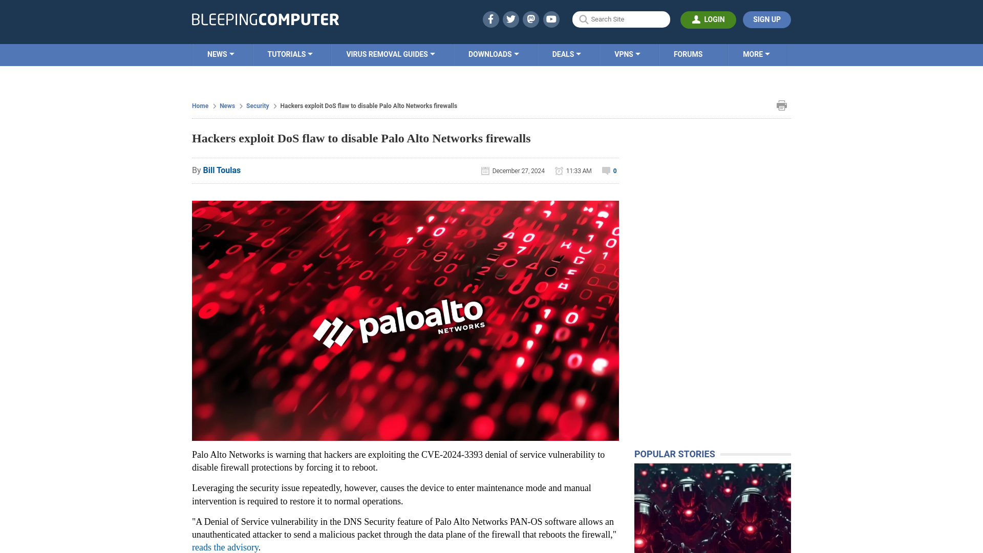 Hackers exploit DoS flaw to disable Palo Alto Networks firewalls