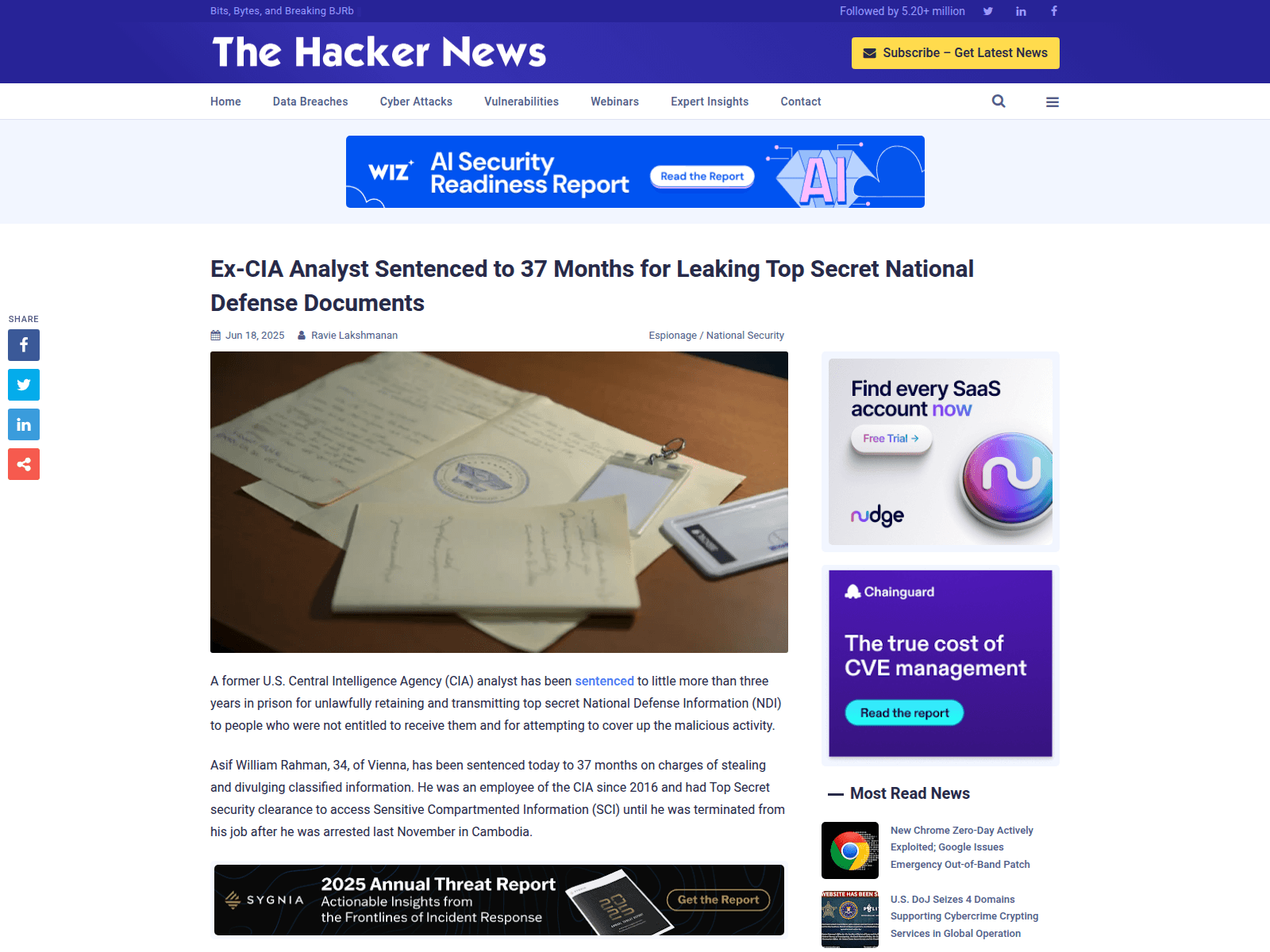 Ex-CIA Analyst Sentenced to 37 Months for Leaking Top Secret National Defense Documents