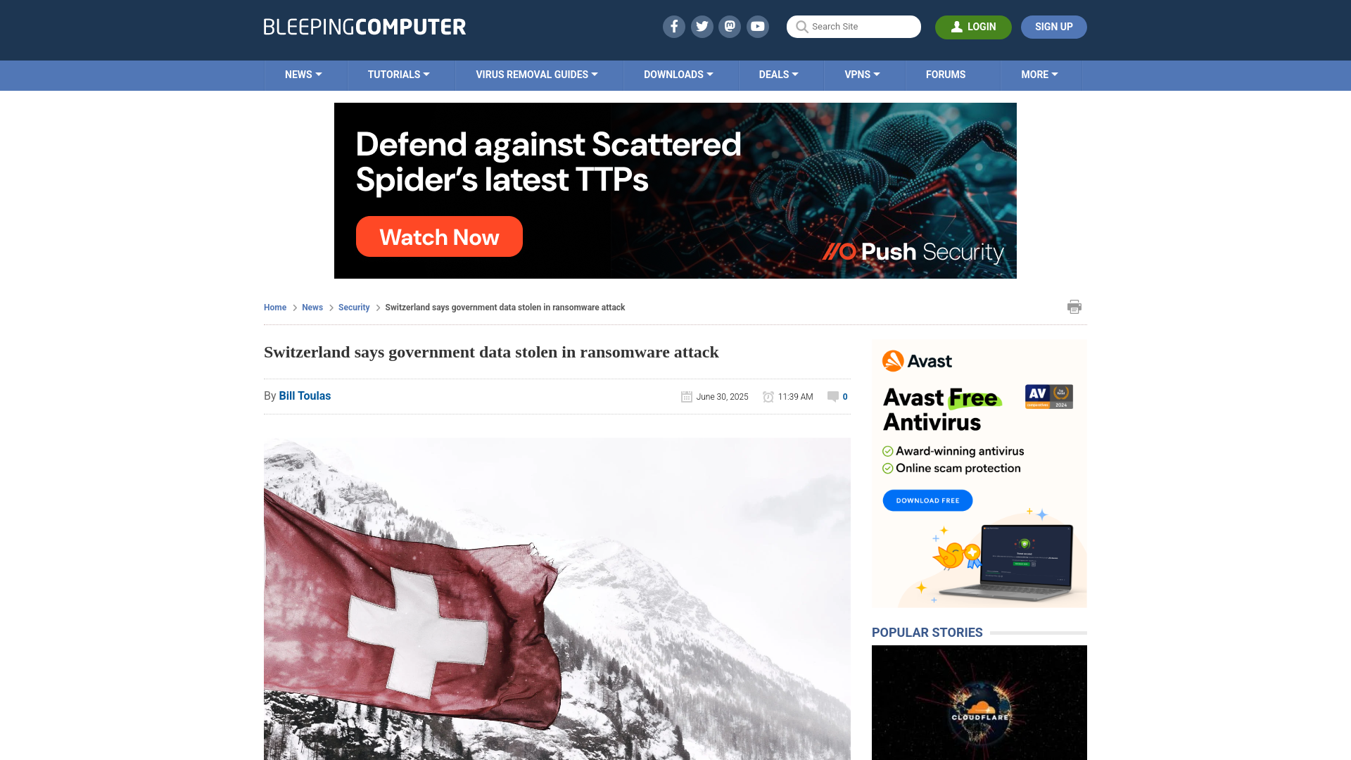 Switzerland says government data stolen in ransomware attack