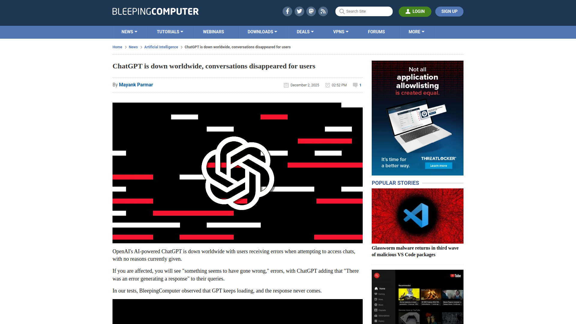 ChatGPT is down worldwide, conversations disappeared for users
