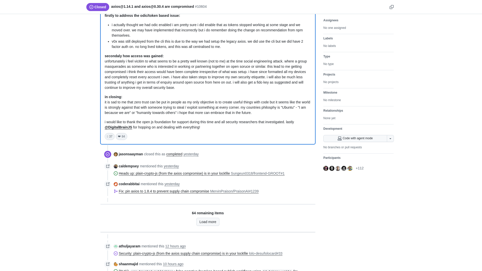 axios@1.14.1 and axios@0.30.4 are compromised · Issue #10604 · axios/axios