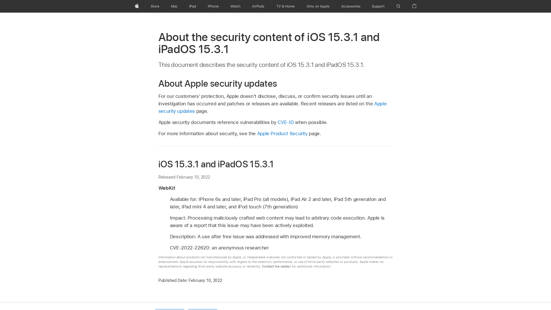 About the security content of iOS 15.3.1 and iPadOS 15.3.1 - Apple Support