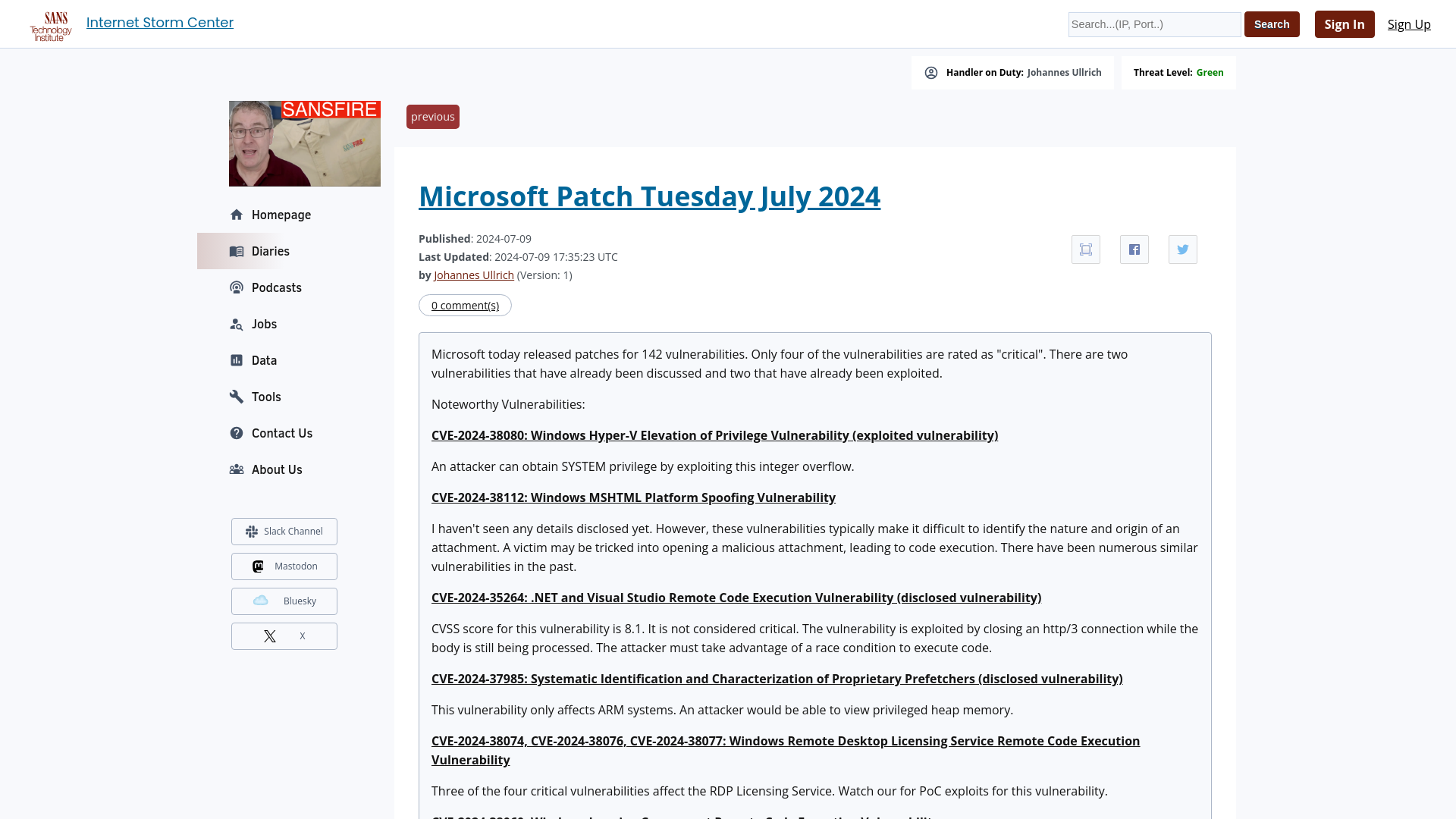 Microsoft Patch Tuesday July 2024 - SANS Internet Storm Center