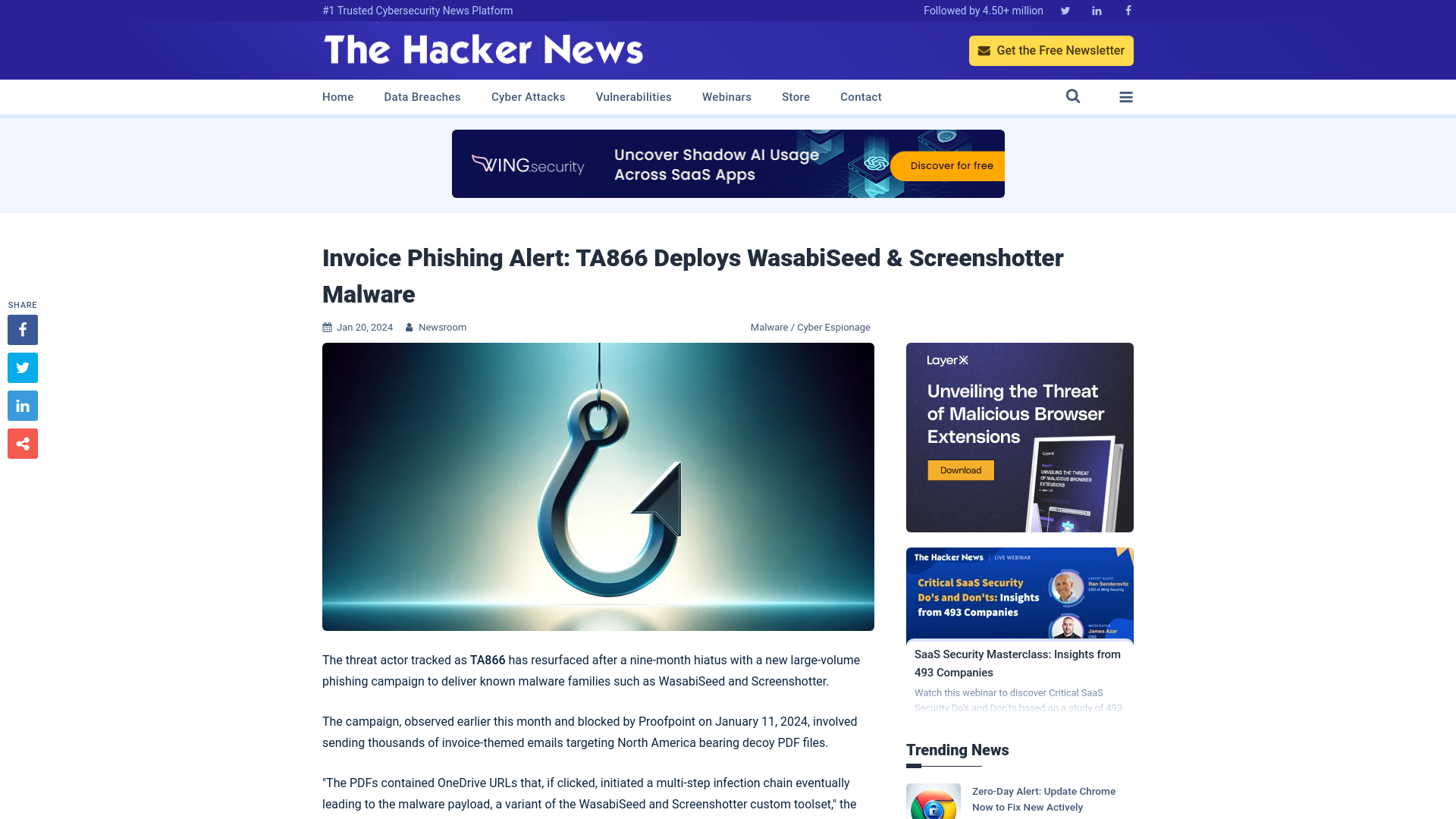 Invoice Phishing Alert: TA866 Deploys WasabiSeed & Screenshotter Malware