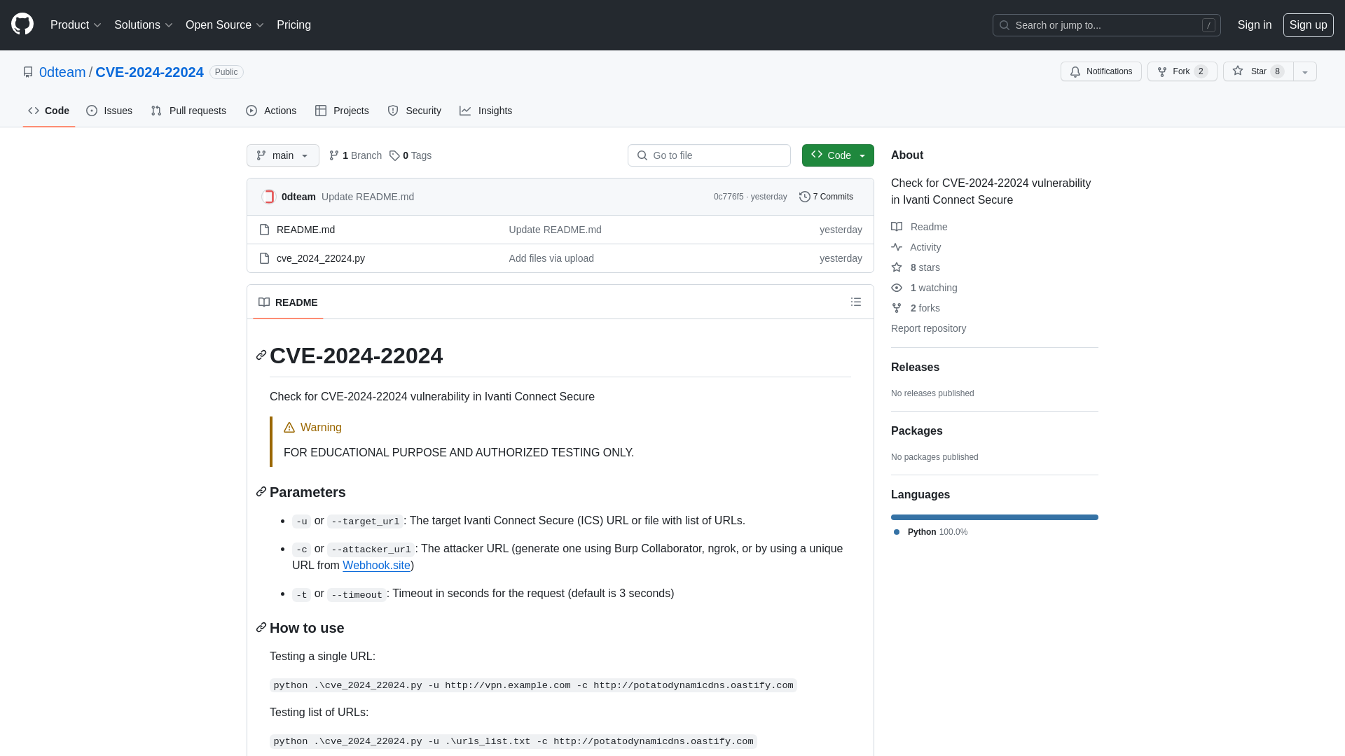 GitHub - 0dteam/CVE-2024-22024: Check for CVE-2024-22024 vulnerability in Ivanti Connect Secure