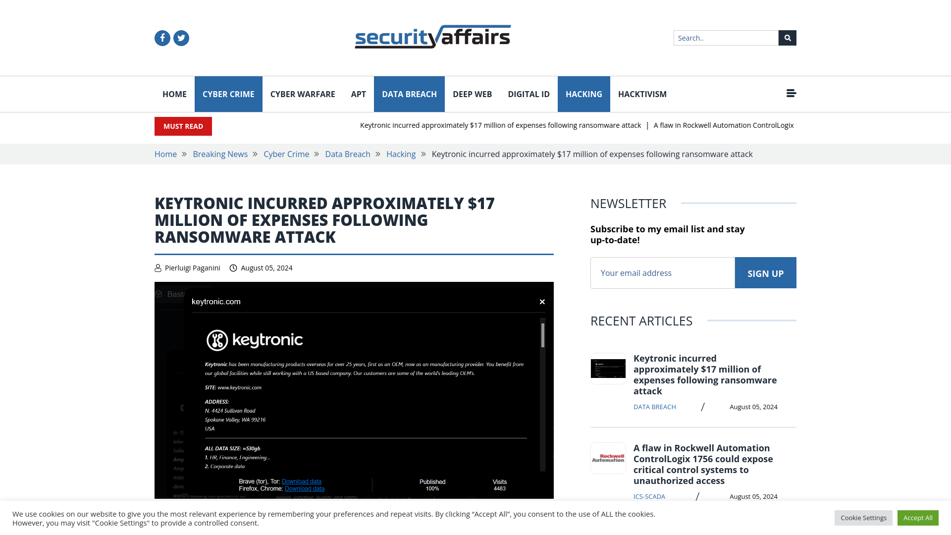 Keytronic incurred approximately $17 million of expenses following ransomware attack