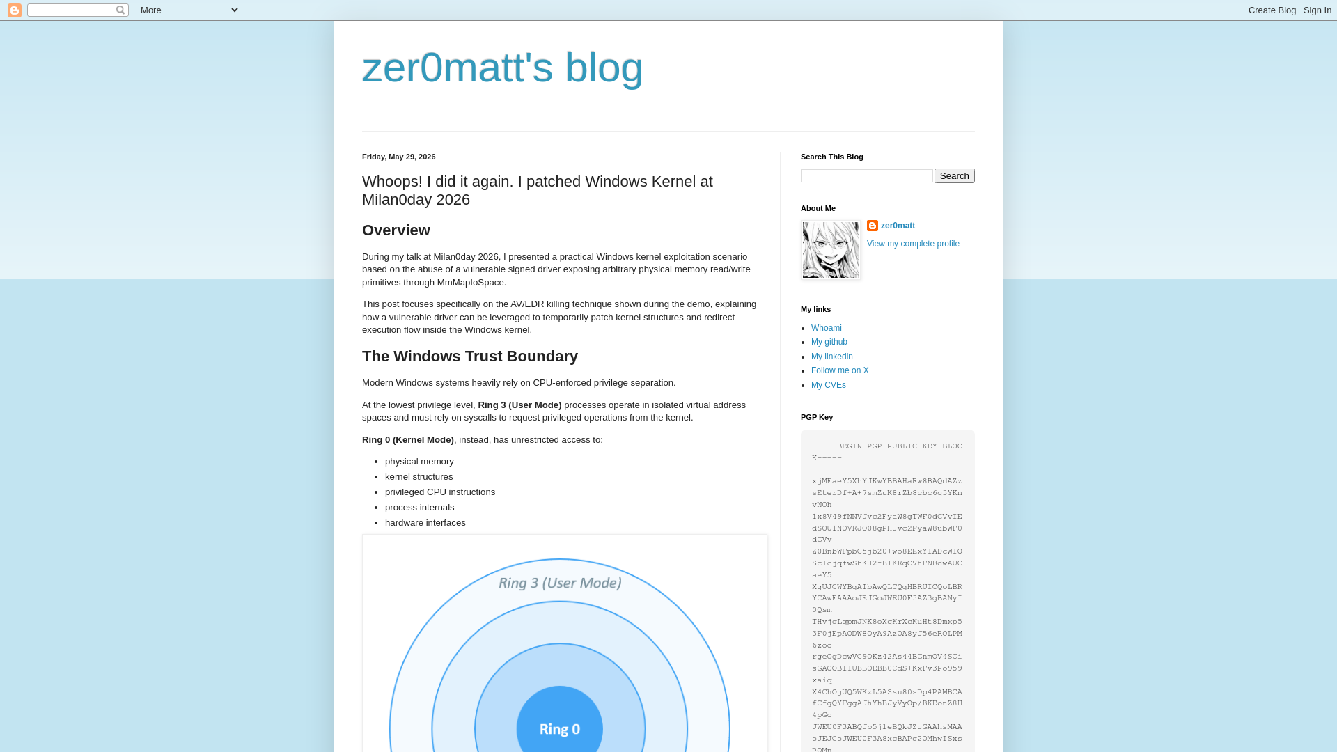 zer0matt's blog: Whoops! I did it again. I patched Windows Kernel at Milan0day 2026
