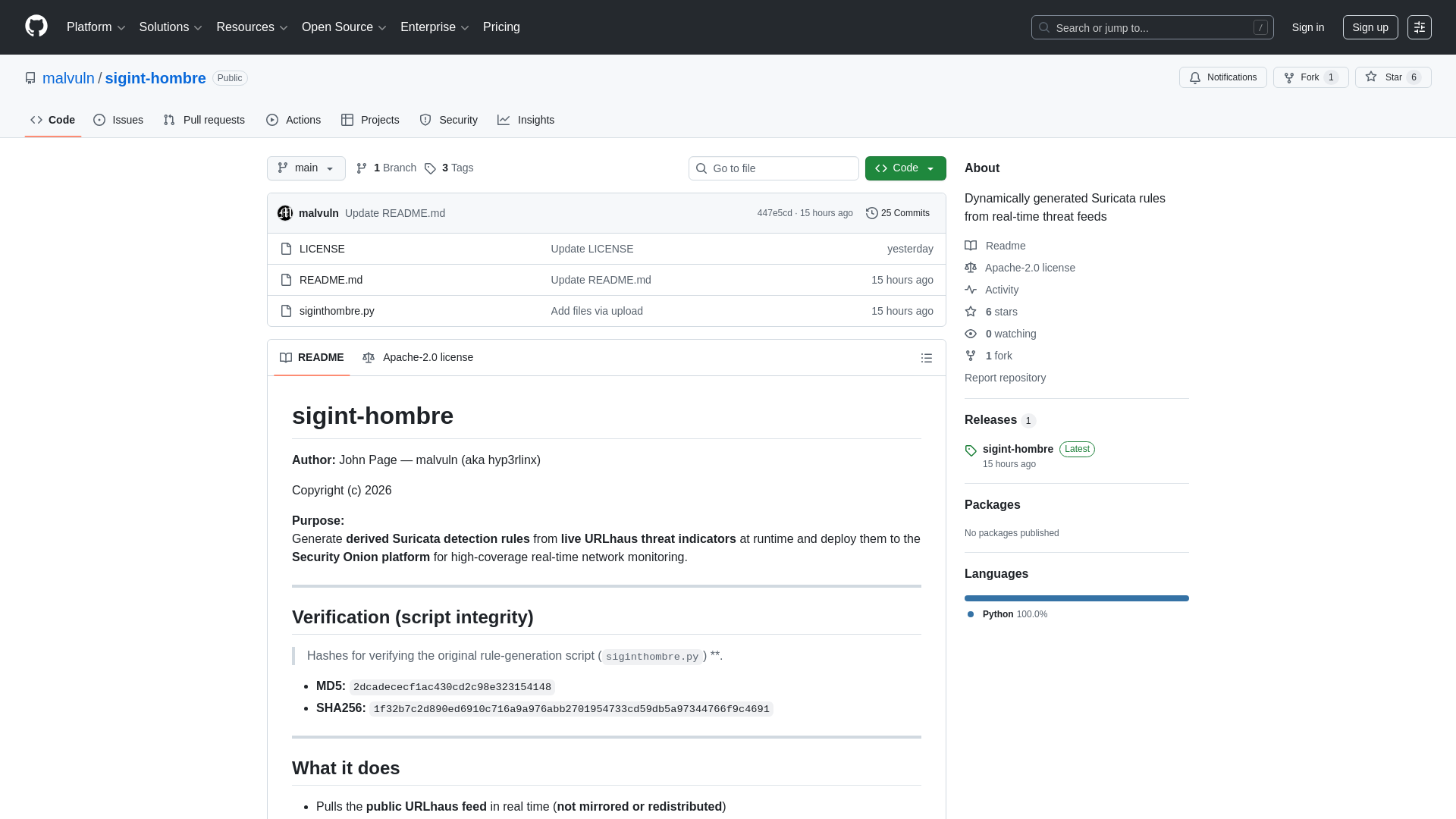 GitHub - malvuln/sigint-hombre: Dynamically generated Suricata rules from real-time threat feeds