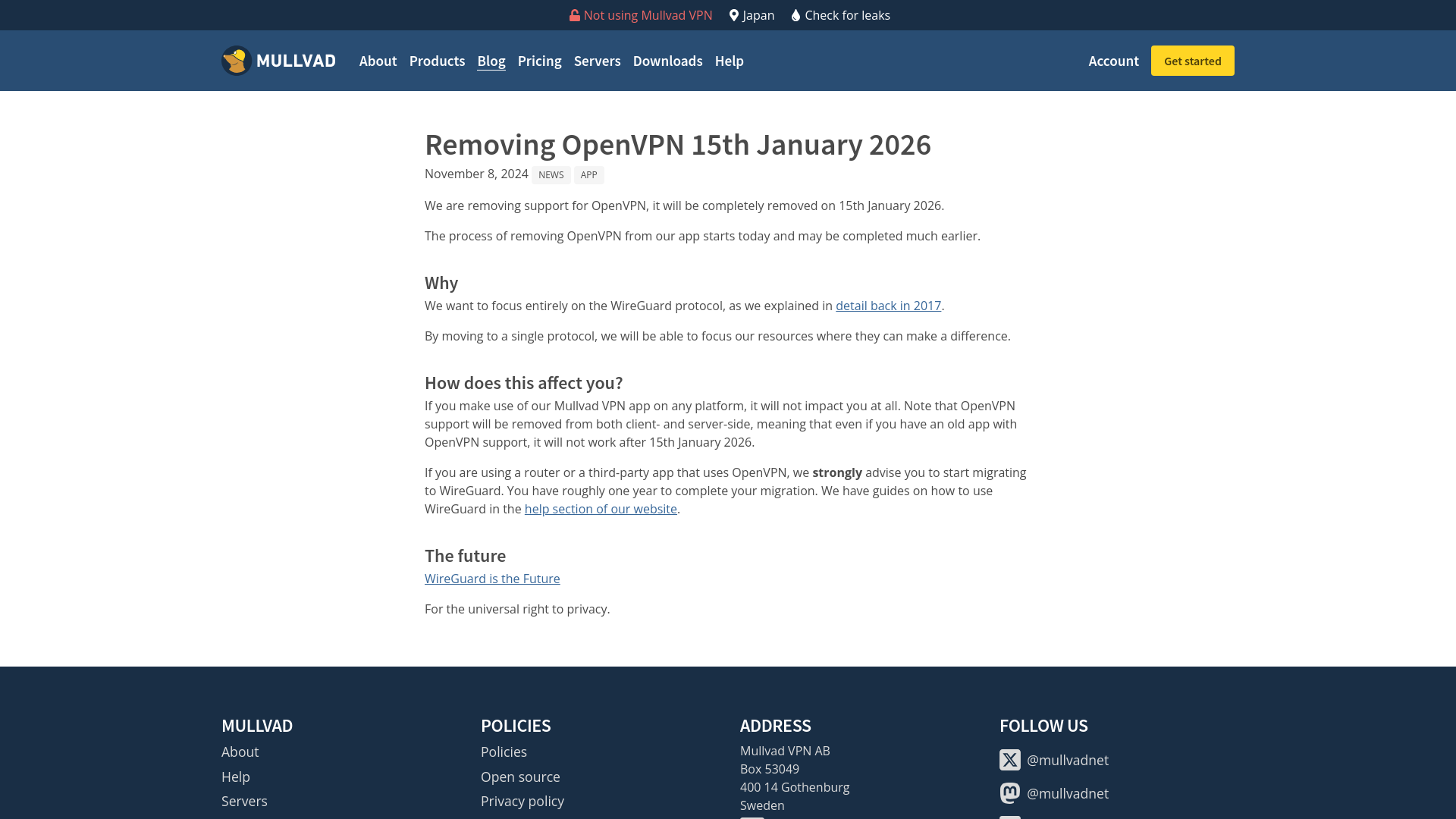 Removing OpenVPN 15th January 2026 | Mullvad VPN