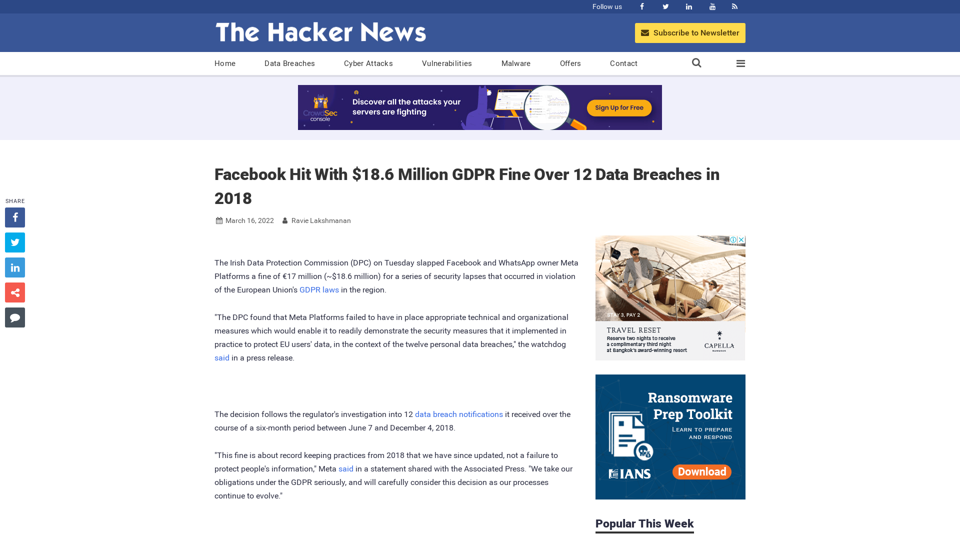 Facebook Hit With $18.6 Million GDPR Fine Over 12 Data Breaches in 2018