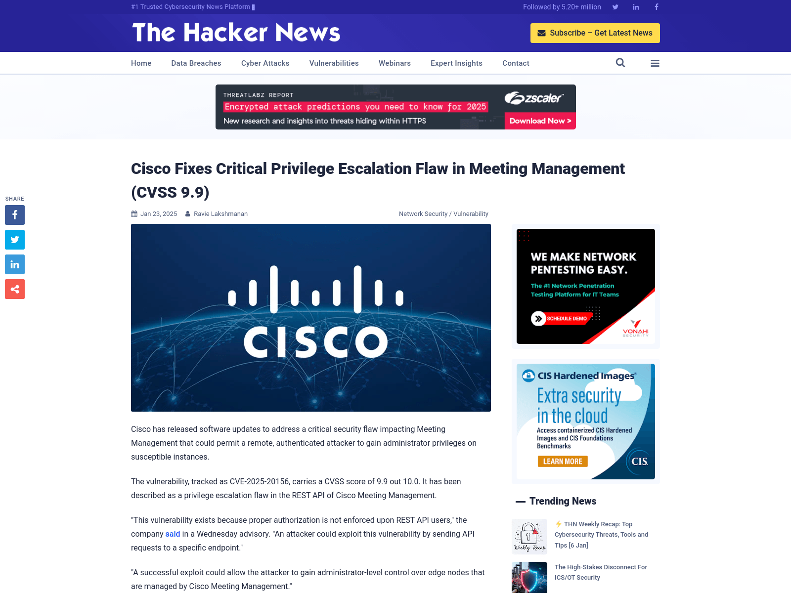 Cisco Fixes Critical Privilege Escalation Flaw in Meeting Management (CVSS 9.9)