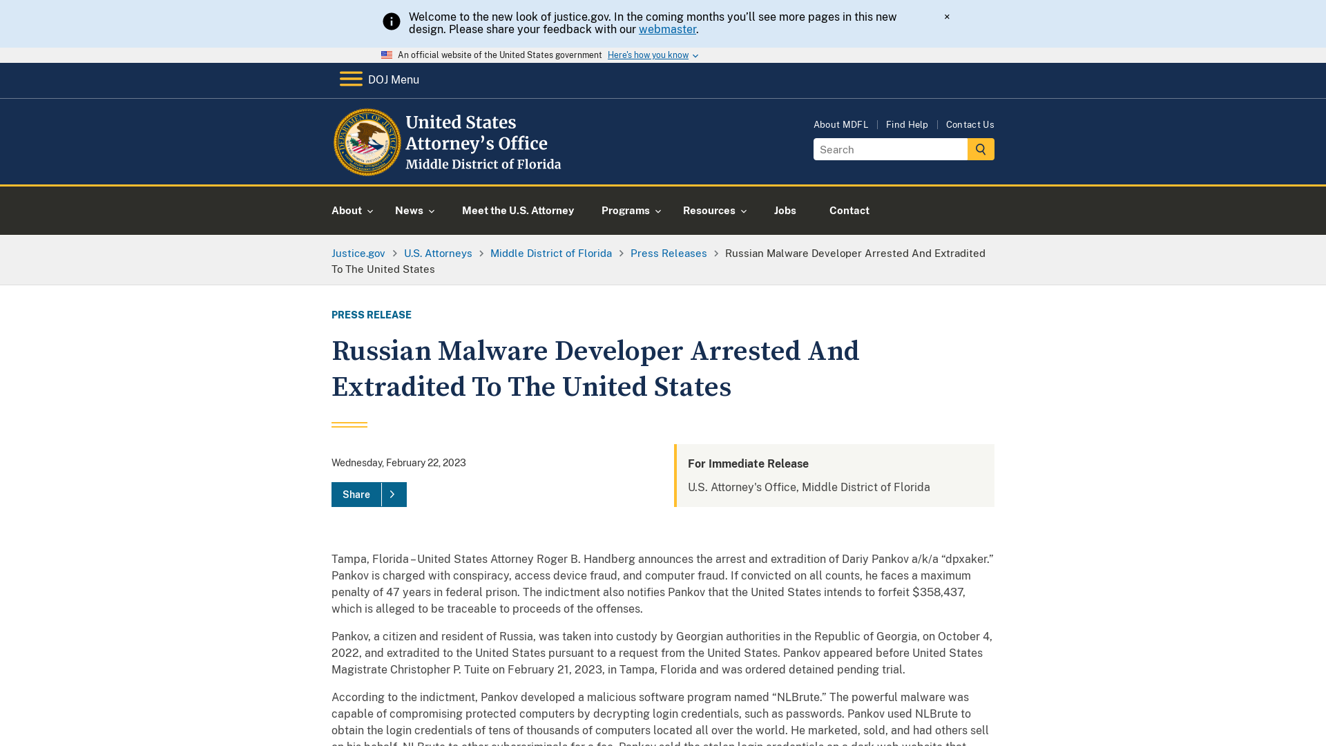 Middle District of Florida | Russian Malware Developer Arrested And Extradited To The United States | United States Department of Justice