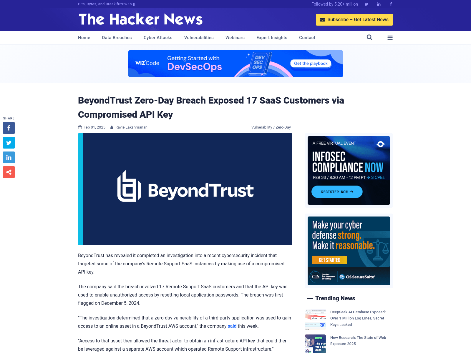 BeyondTrust Zero-Day Breach Exposed 17 SaaS Customers via Compromised API Key