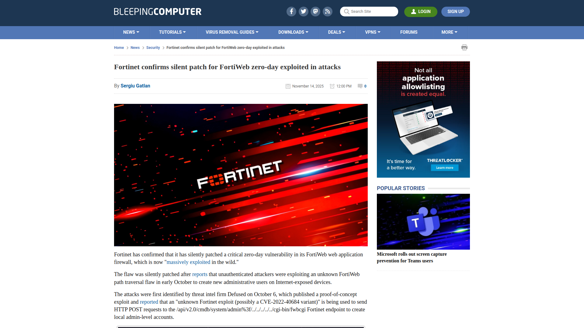 Fortinet confirms silent patch for FortiWeb zero-day exploited in attacks