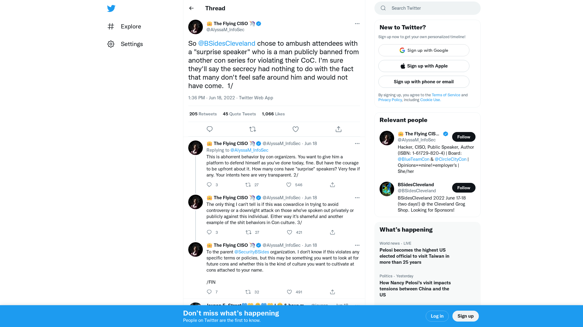 👑 The Flying CISO 🦄 on Twitter: "So @BSidesCleveland chose to ambush attendees with a "surprise speaker" who is a man publicly banned from another con series for violating their CoC. I'm sure they'll say the secrecy had nothing to do with the fact that many don't feel safe around him and would not have come. 1/" / Twitter
