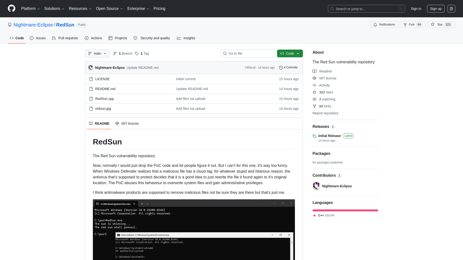 GitHub - Nightmare-Eclipse/RedSun: The Red Sun vulnerability repository · GitHub