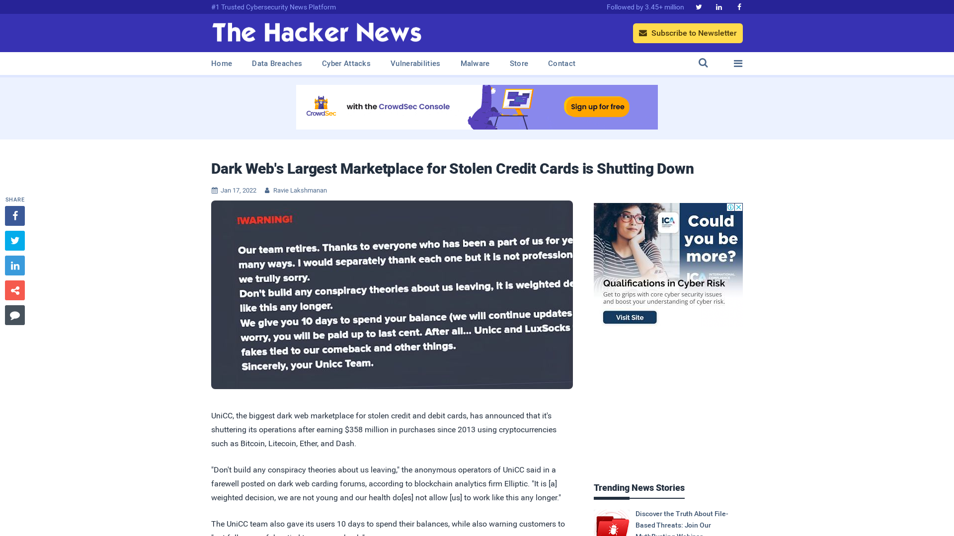 Dark Web's Largest Marketplace for Stolen Credit Cards is Shutting Down