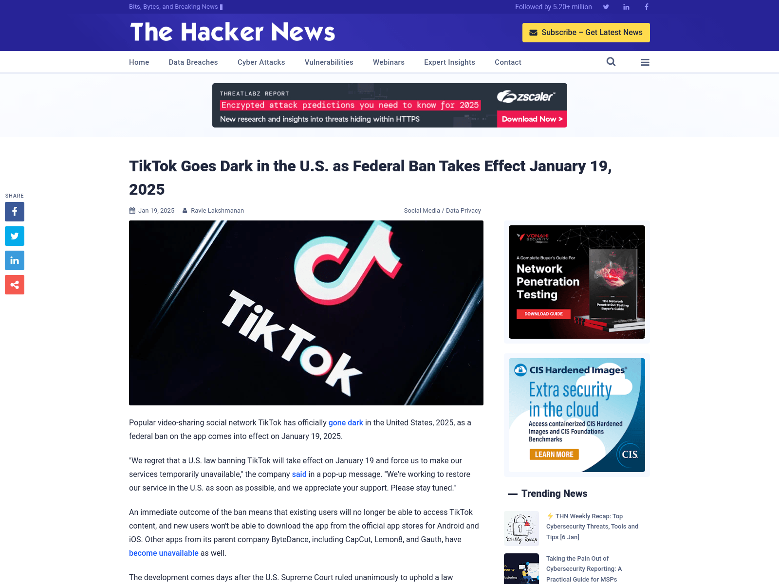 TikTok Goes Dark in the U.S. as Federal Ban Takes Effect January 19, 2025