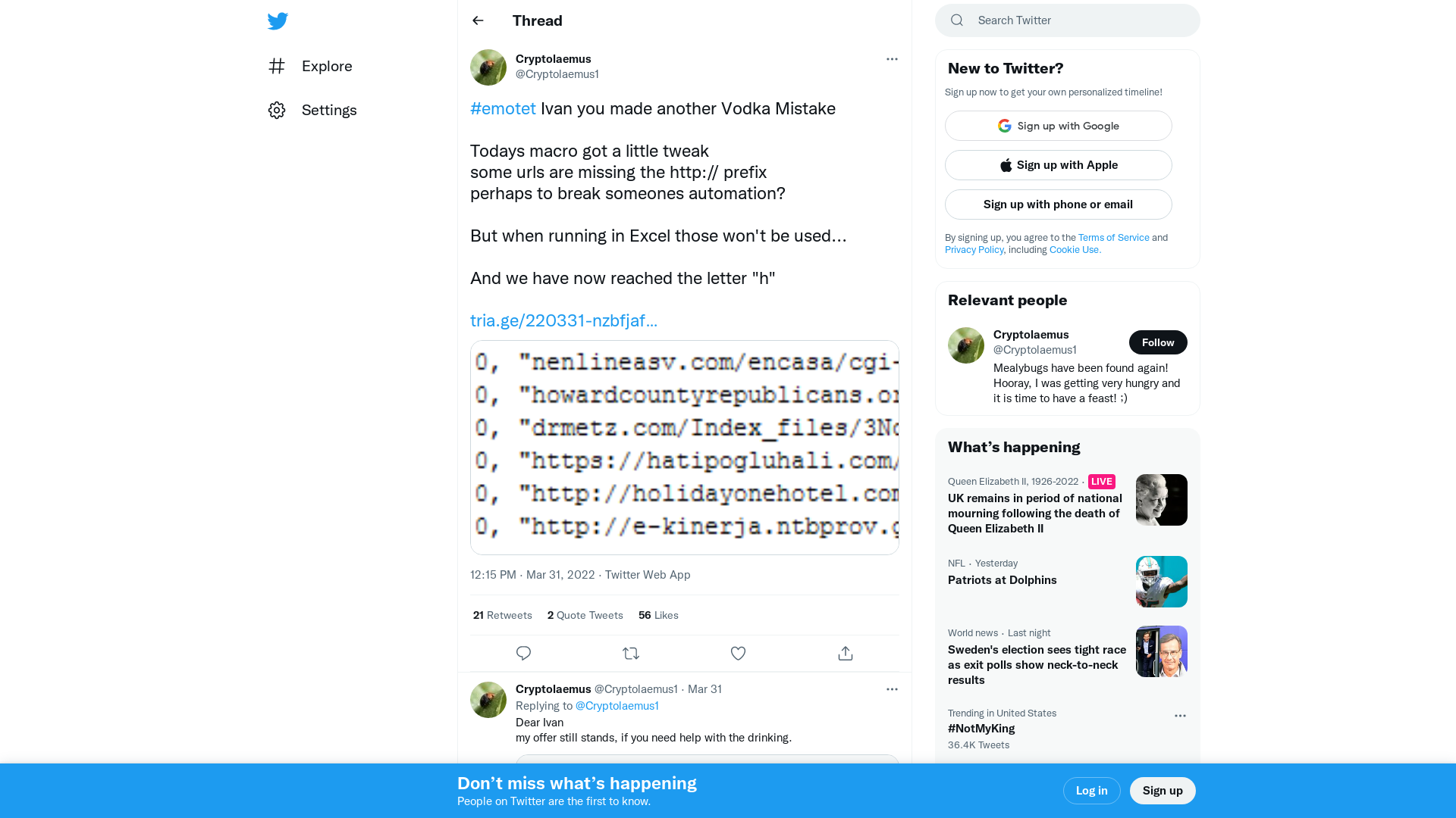 Cryptolaemus on Twitter: "#emotet Ivan you made another Vodka Mistake Todays macro got a little tweak some urls are missing the http:// prefix perhaps to break someones automation? But when running in Excel those won't be used... And we have now reached the letter "h" https://t.co/h18xvwUpav https://t.co/rjfkJvHzj0" / Twitter