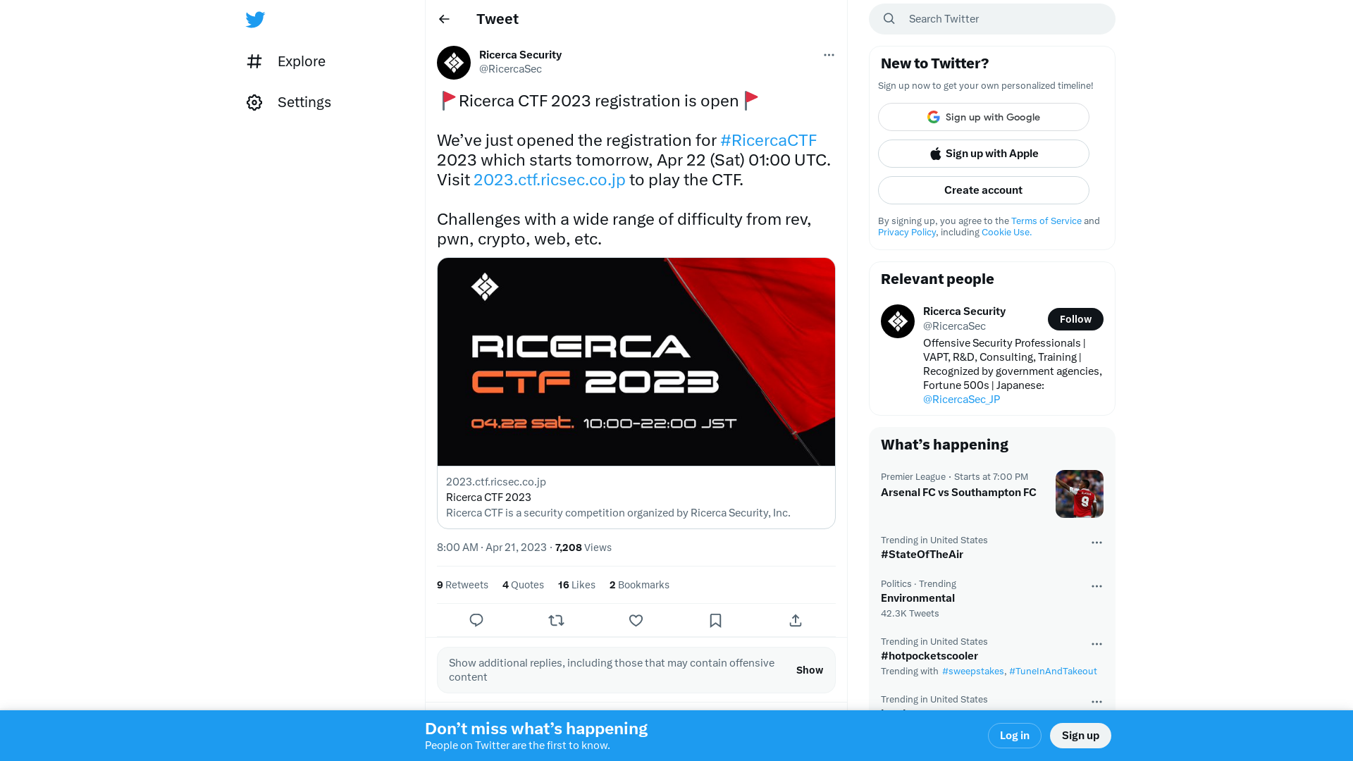 Ricerca Security on Twitter: "🚩Ricerca CTF 2023 registration is open🚩 We’ve just opened the registration for #RicercaCTF 2023 which starts tomorrow, Apr 22 (Sat) 01:00 UTC. Visit https://t.co/y78HU6jNSm to play the CTF. Challenges with a wide range of difficulty from rev, pwn, crypto, web, etc." / Twitter