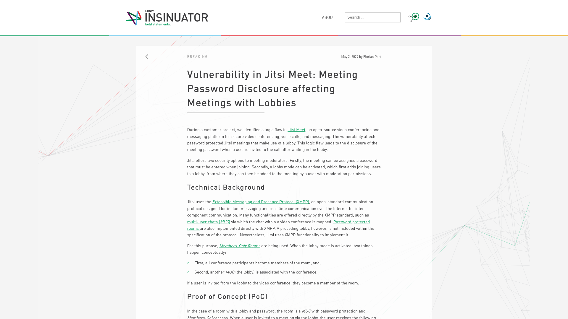 Vulnerability in Jitsi Meet: Meeting Password Disclosure affecting Meetings with Lobbies – Insinuator.net