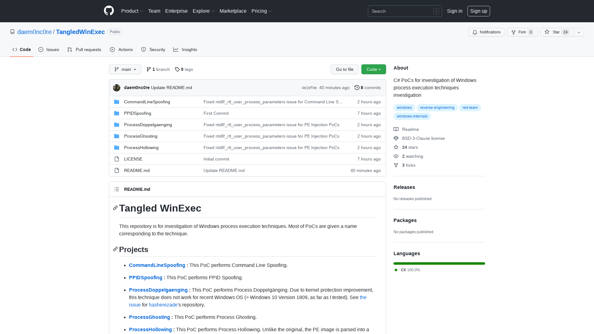 GitHub - daem0nc0re/TangledWinExec: C# PoCs for investigation of Windows process execution techniques investigation