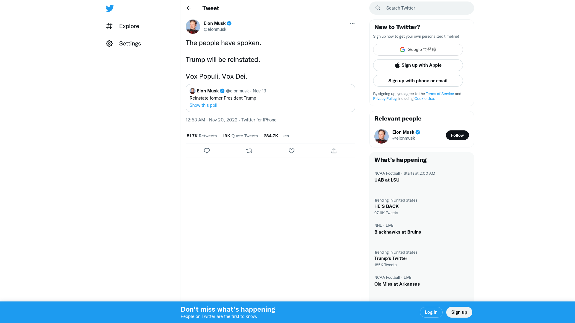 Elon Musk on Twitter: "The people have spoken. Trump will be reinstated. Vox Populi, Vox Dei." / Twitter
