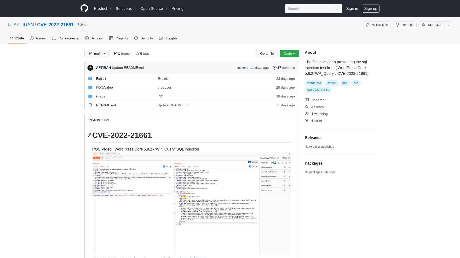 GitHub - APTIRAN/CVE-2022-21661: The first poc video presenting the sql injection test from ( WordPress Core 5.8.2-'WP_Query' / CVE-2022-21661)