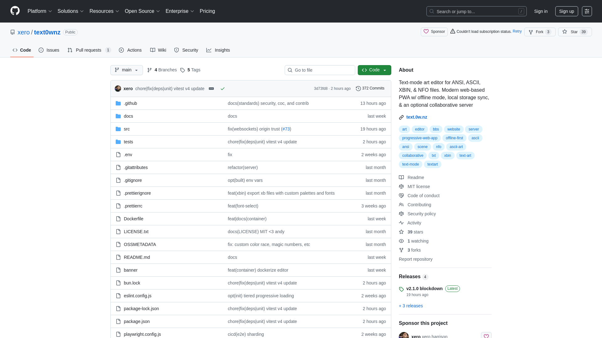 GitHub - xero/text0wnz: Text-mode art editor for ANSI, ASCII, XBIN, & NFO files. Modern web-based PWA w/ offline mode, local storage sync, & an optional collaborative server