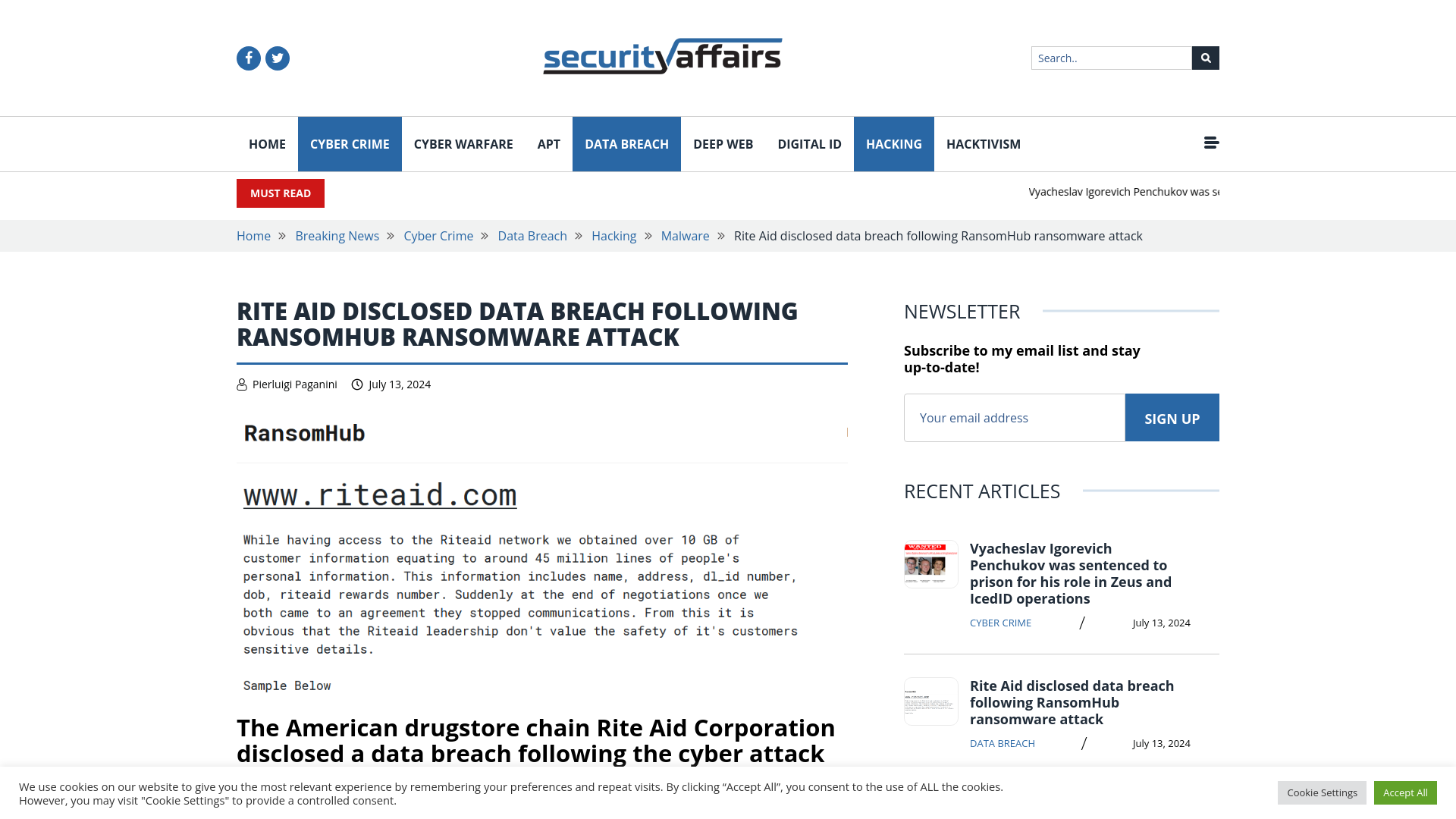 Rite Aid disclosed data breach following RansomHub attack