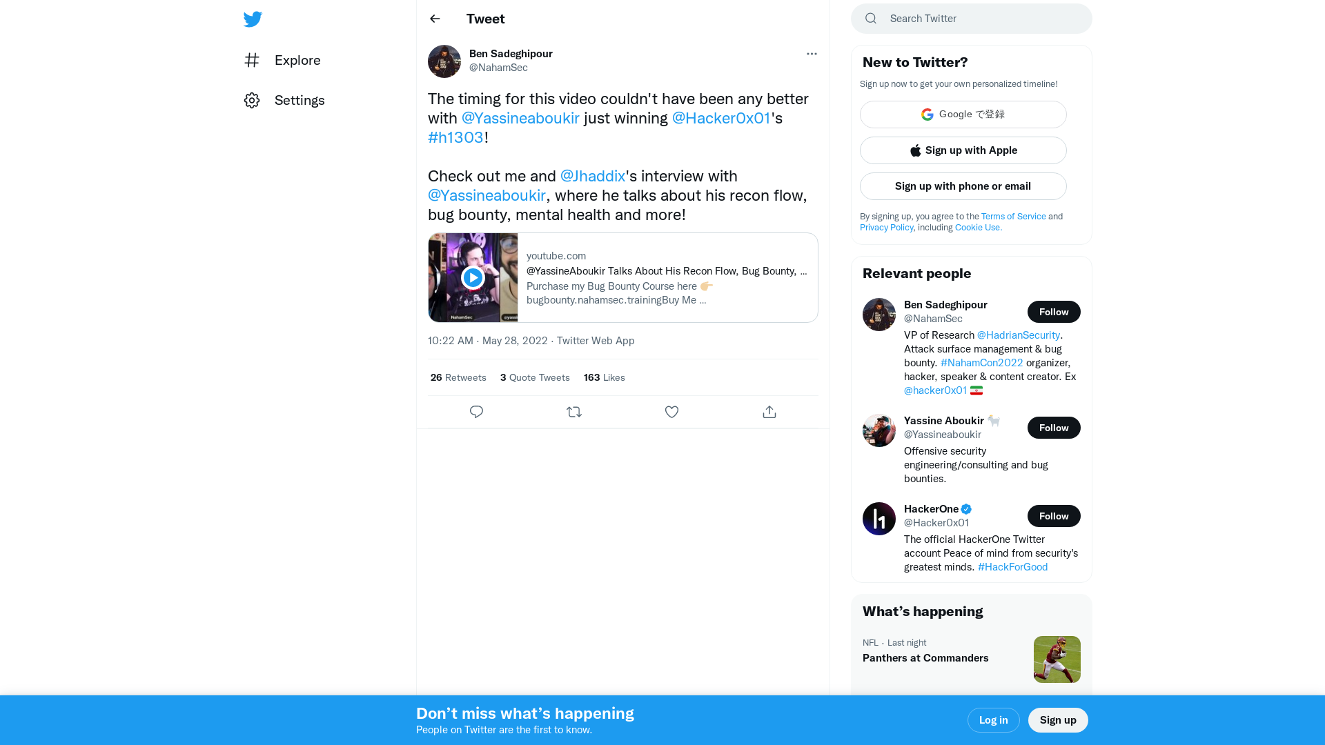 Ben Sadeghipour on Twitter: "The timing for this video couldn't have been any better with @Yassineaboukir just winning @Hacker0x01's #h1303! Check out me and @Jhaddix's interview with @Yassineaboukir, where he talks about his recon flow, bug bounty, mental health and more! https://t.co/mZvs1O0l2u" / Twitter