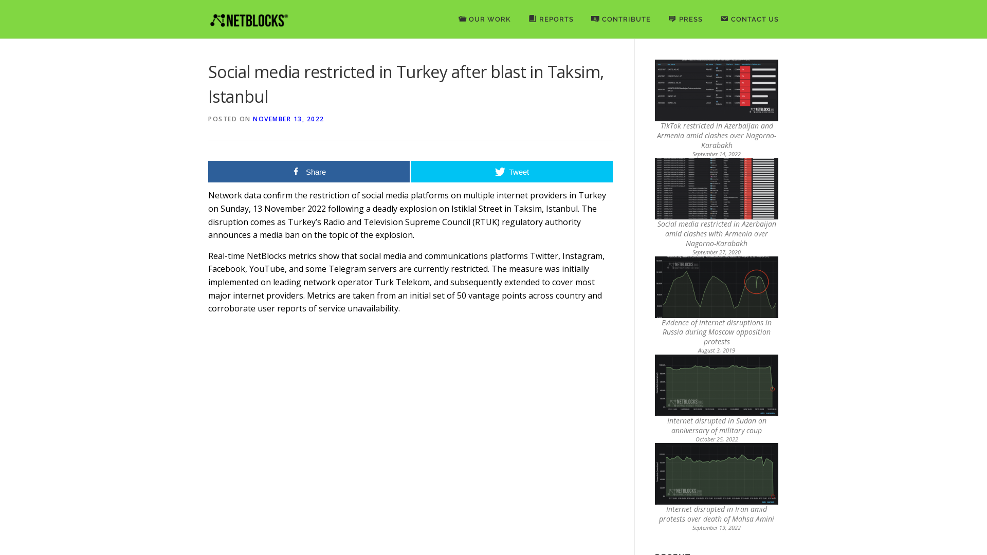 Social media restricted in Turkey after blast in Taksim, Istanbul - NetBlocks